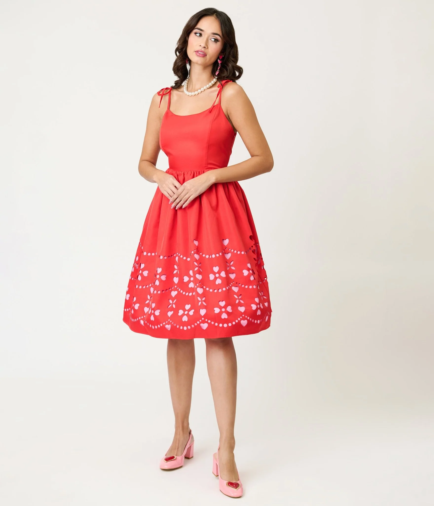 Unique Vintage Red & Pink Hearts Cutout Swing Dress - Image 4
