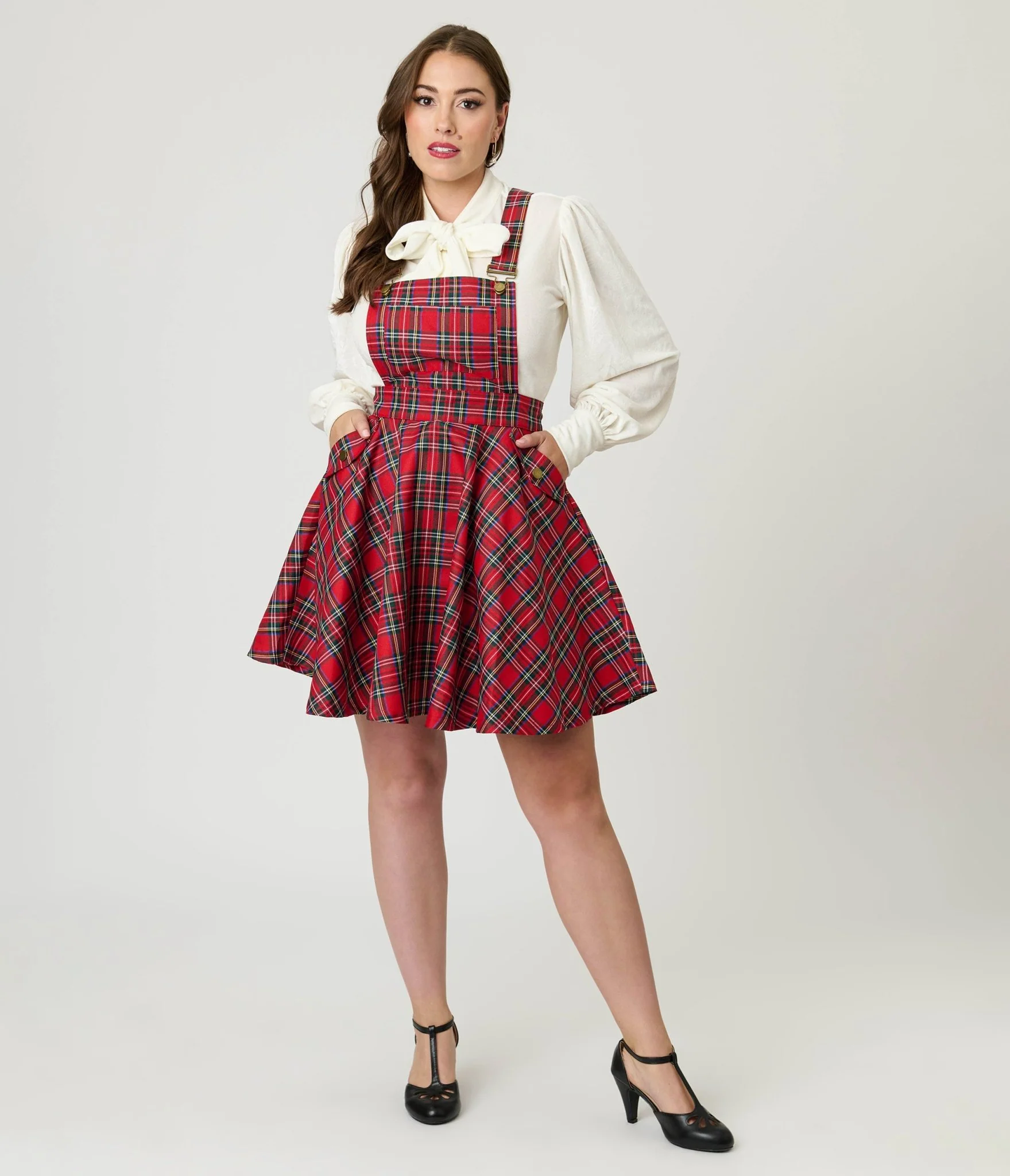 Unique Vintage Red Plaid Brionne Pinafore Skirt - Image 3