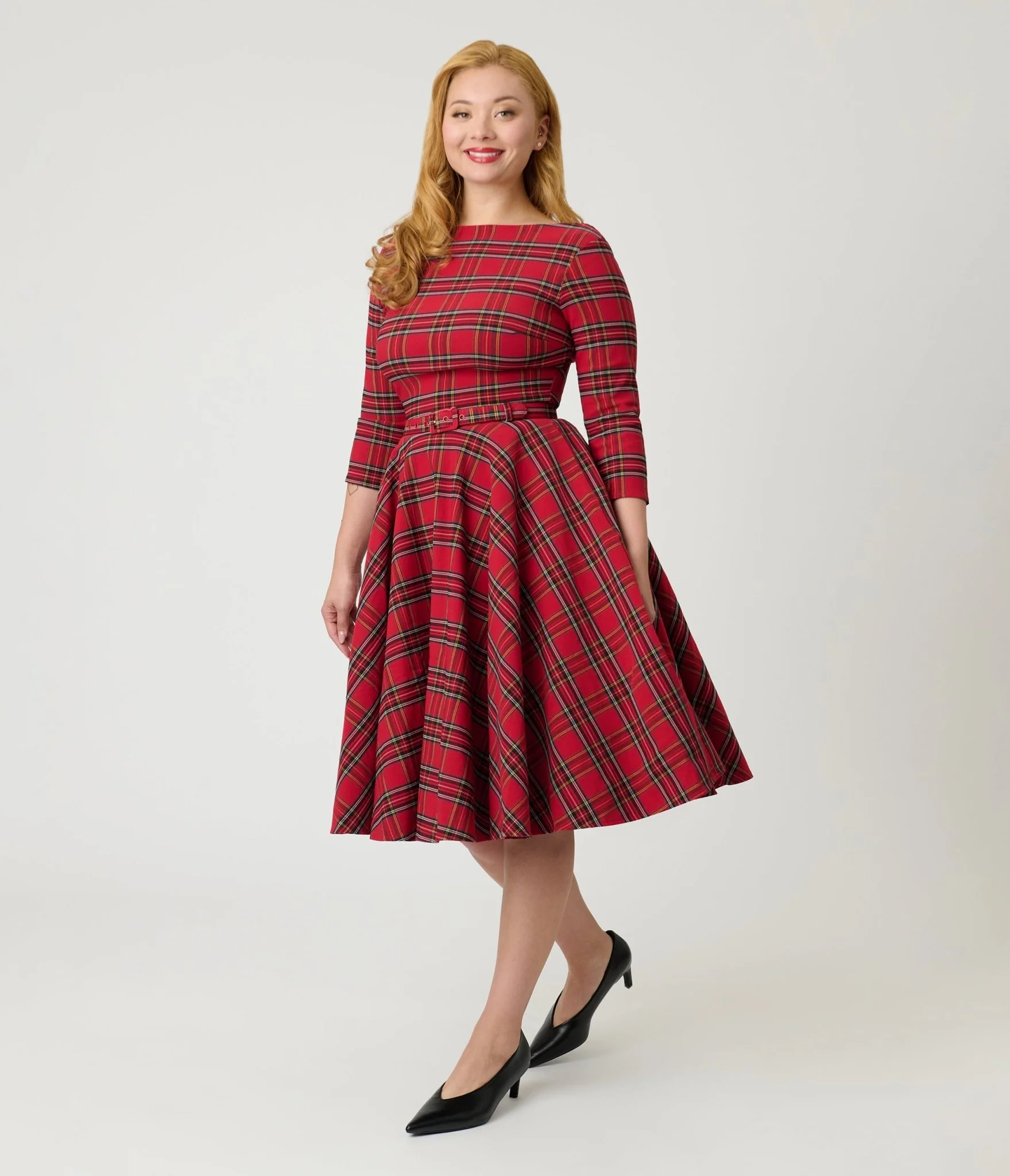 Unique Vintage Red Plaid Sleeved Devon Swing Dress