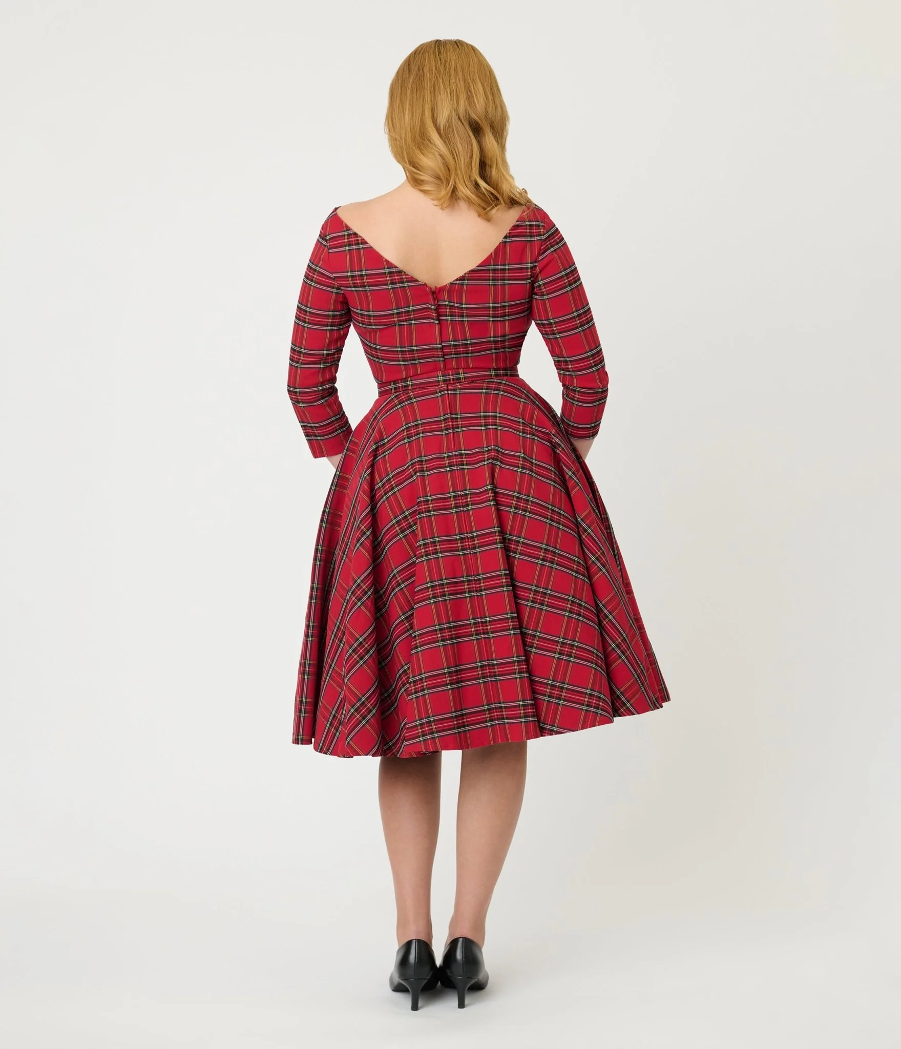 Unique Vintage Red Plaid Sleeved Devon Swing Dress - Image 2
