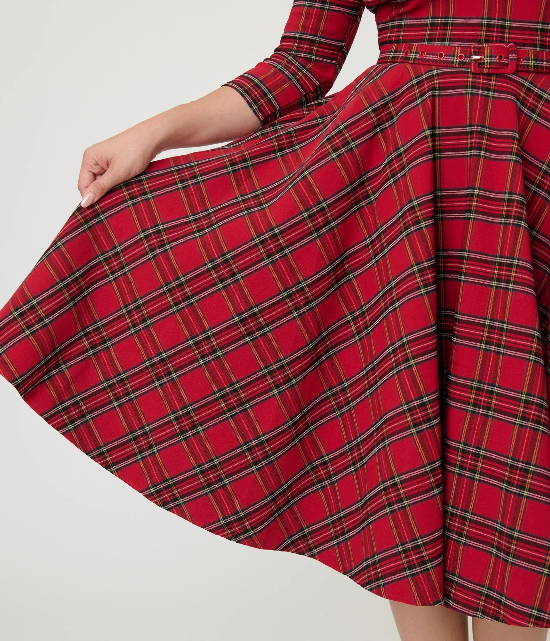 Unique Vintage Red Plaid Sleeved Devon Swing Dress - Image 4