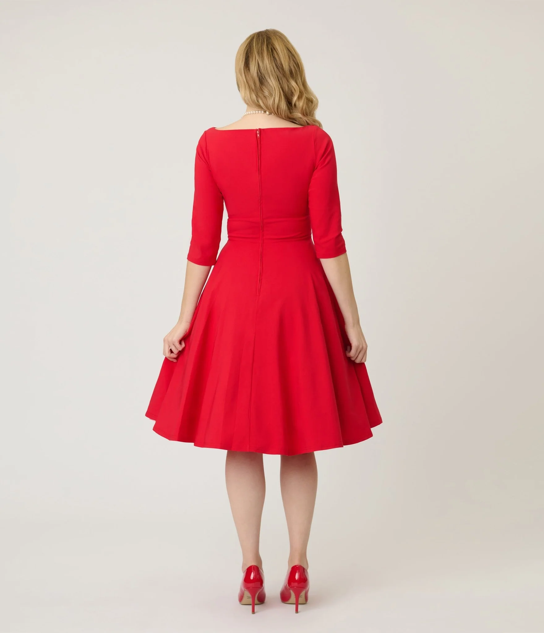 Unique Vintage Red Scalloped Neck Swing Dress - Image 2