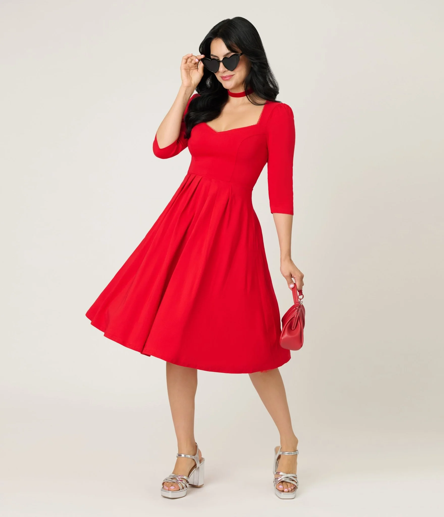 Unique Vintage Red Sweetheart Swing Dress