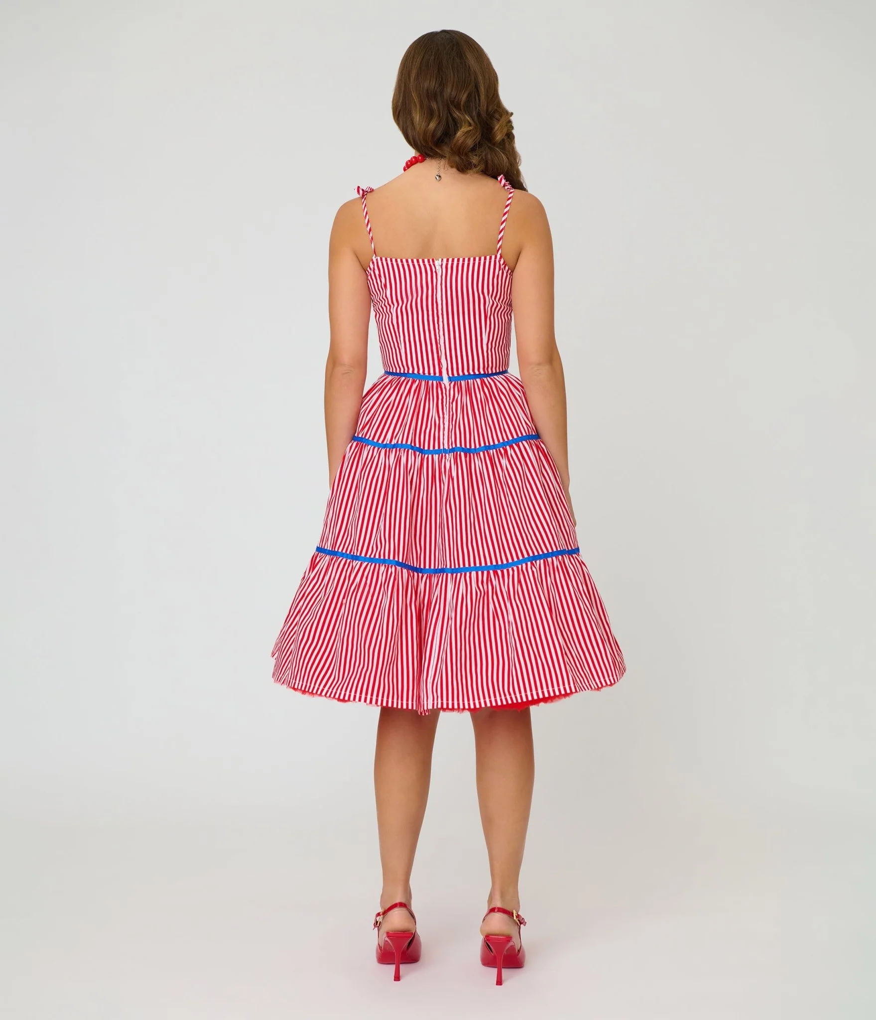 Unique Vintage Red & White Striped Tiered Swing Dress - Image 2