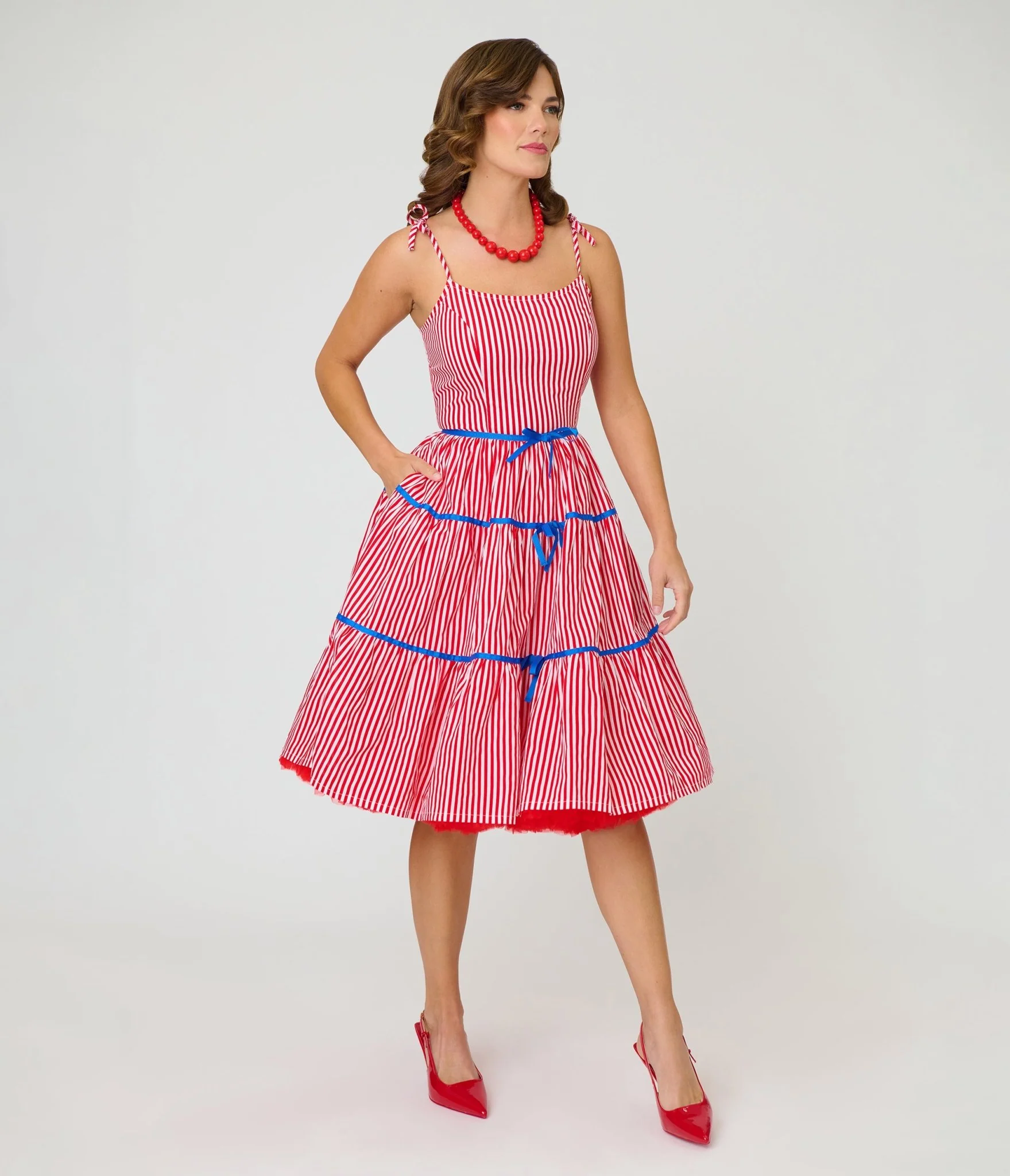 Unique Vintage Red & White Striped Tiered Swing Dress - Image 3