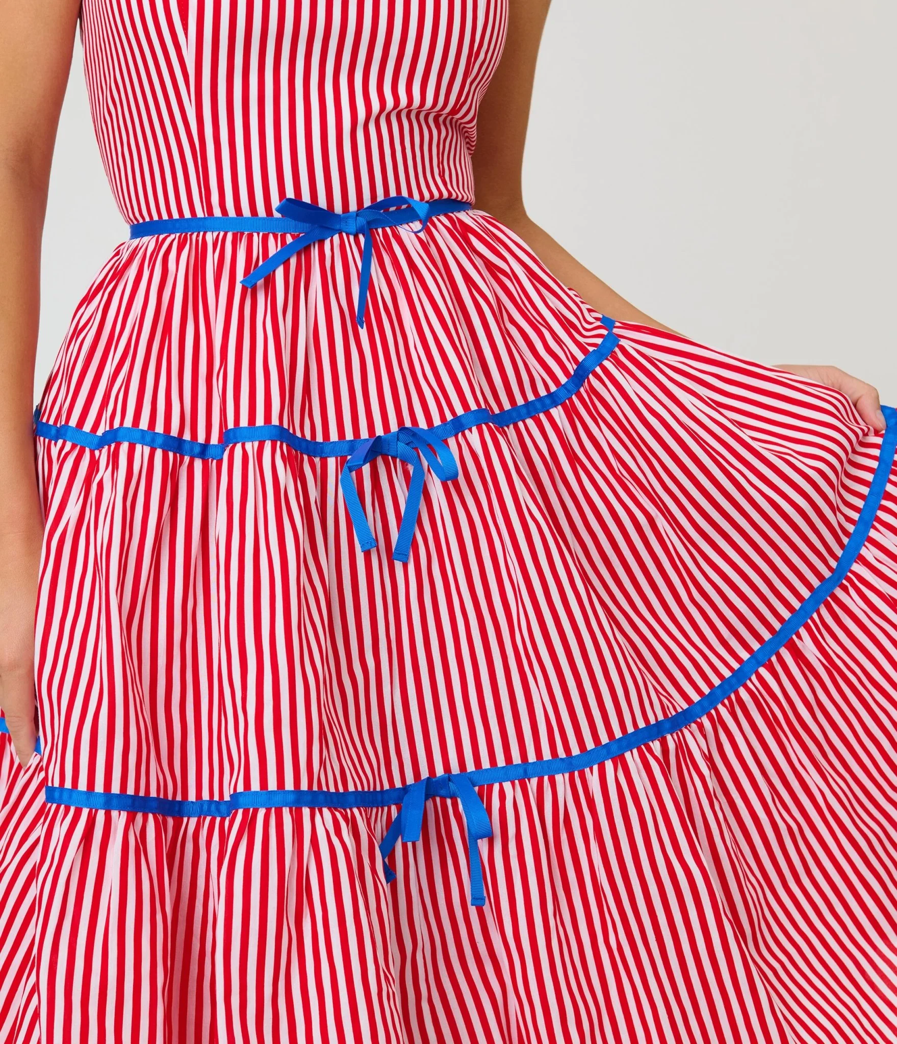 Unique Vintage Red & White Striped Tiered Swing Dress - Image 4