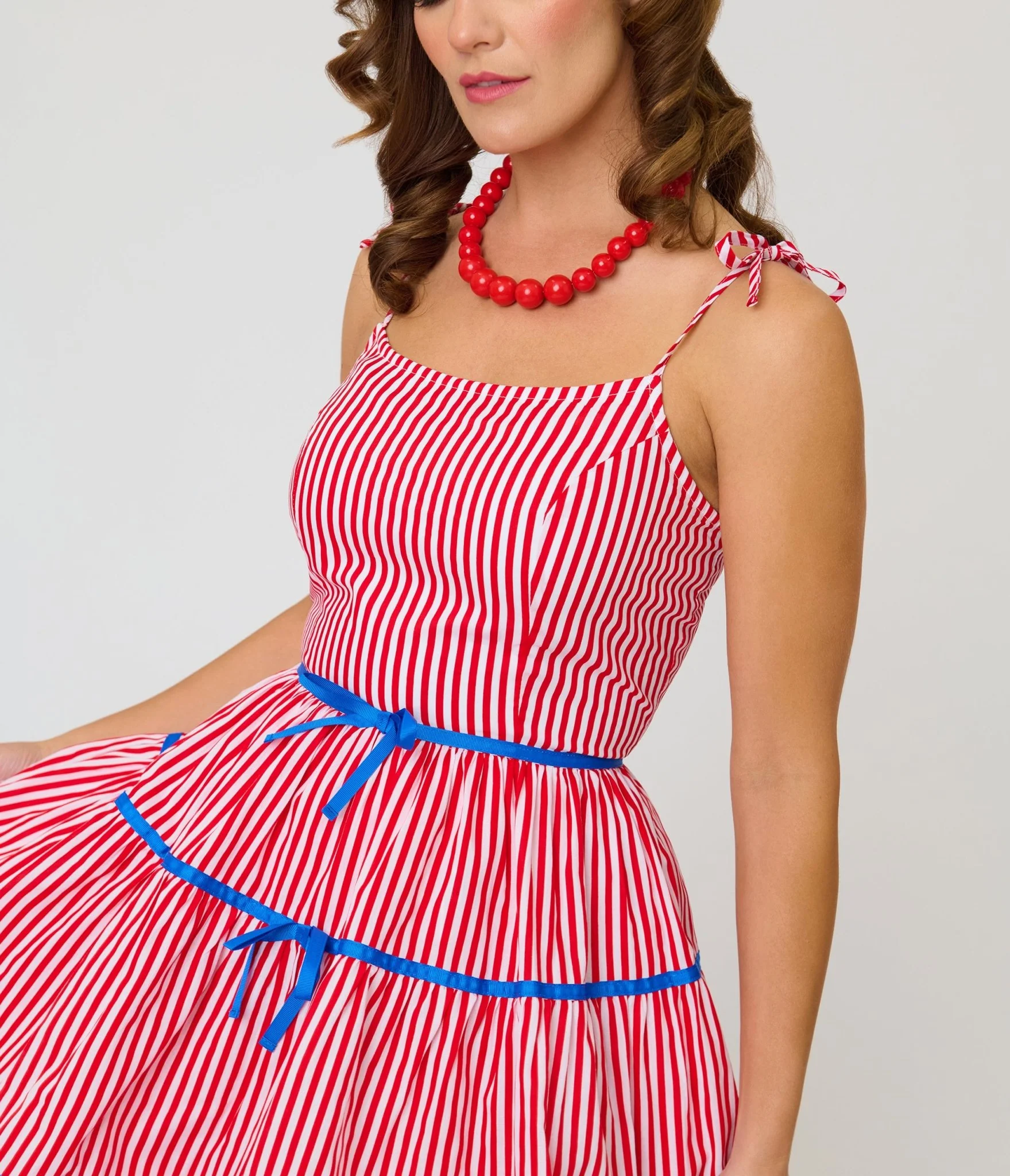 Unique Vintage Red & White Striped Tiered Swing Dress - Image 5
