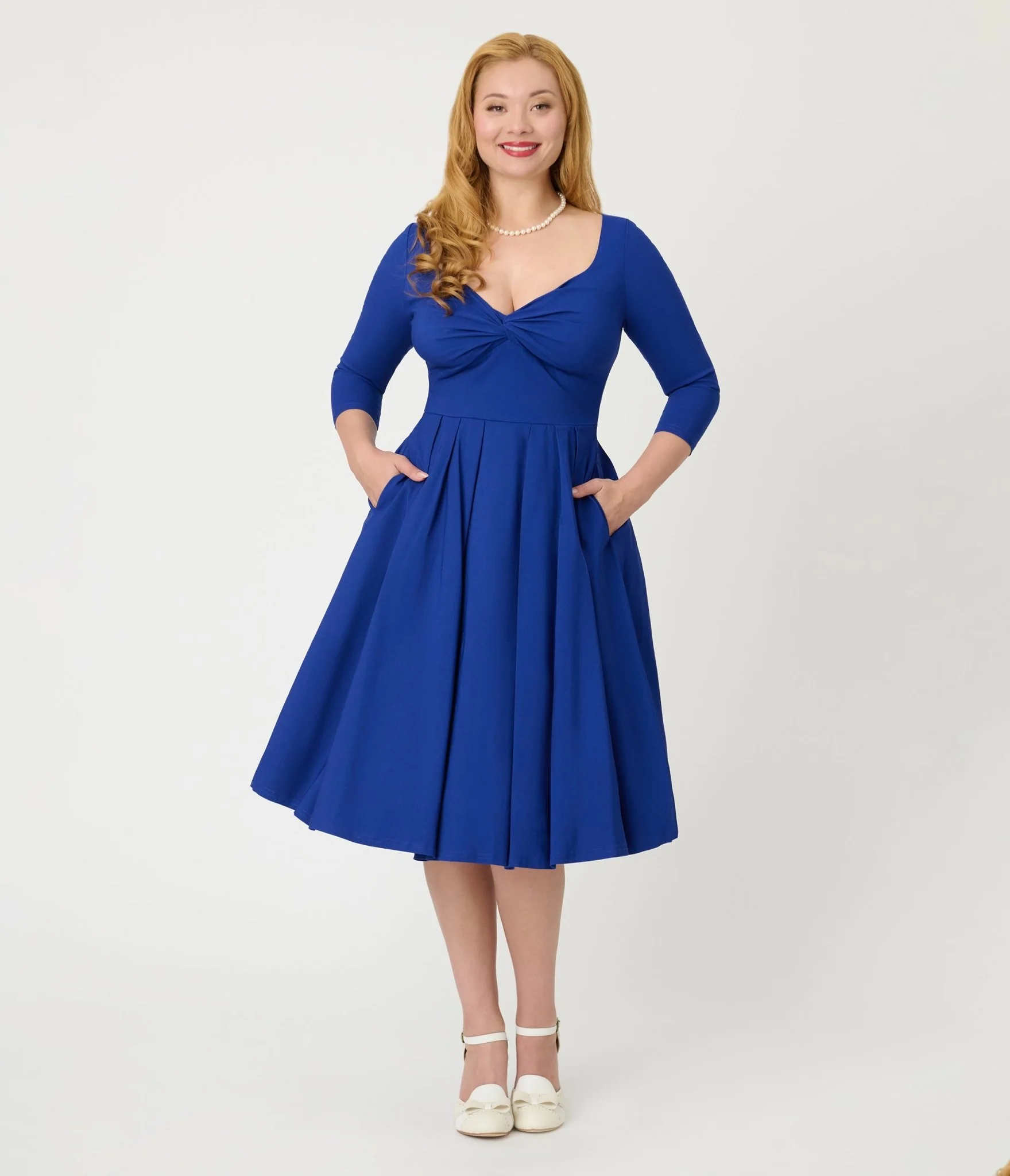 Unique Vintage Royal Blue Bengaline Front Twist Swing Dress - Image 3