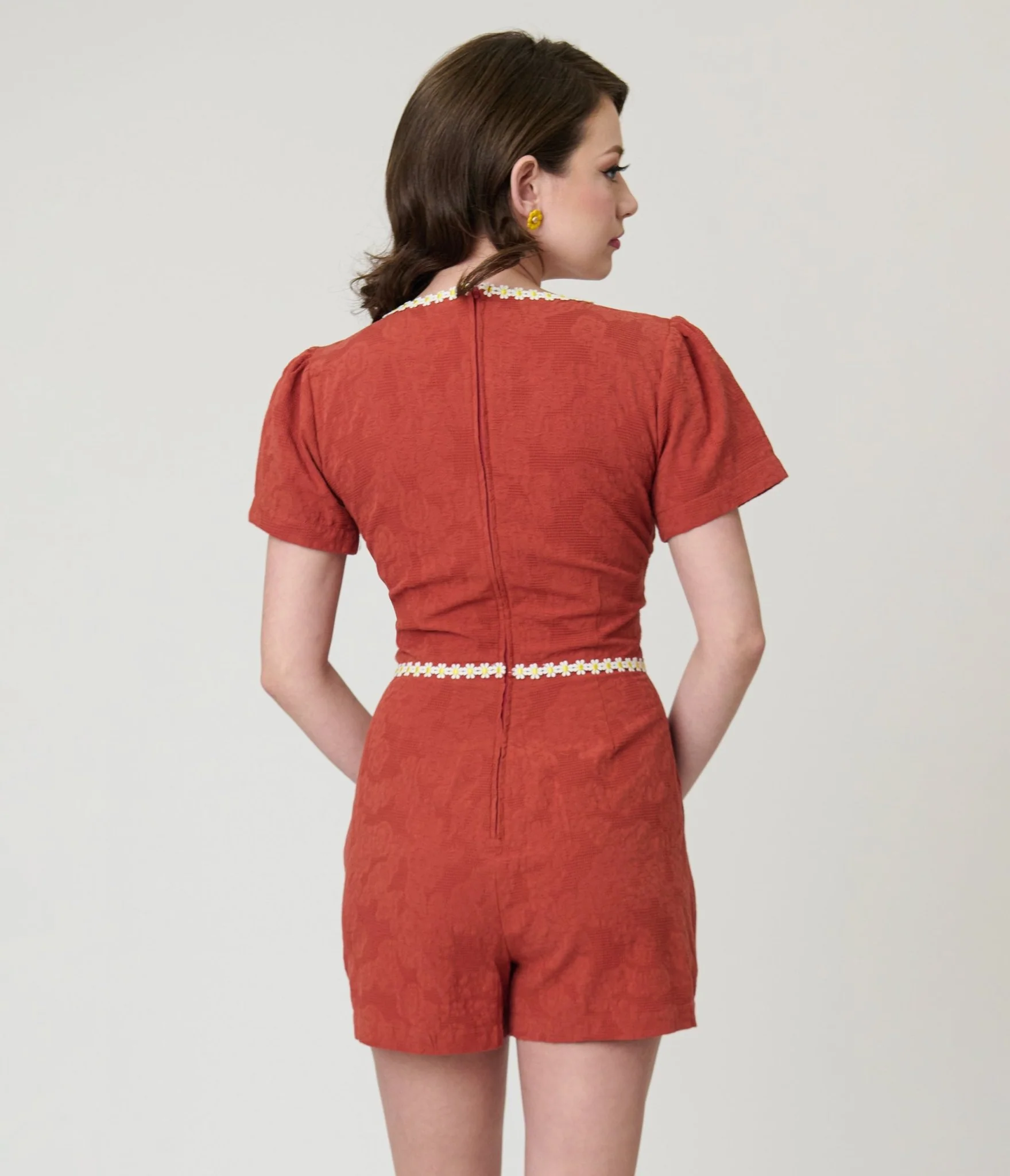 Unique Vintage Rust Red & Daisy Cotton Romper - Image 2