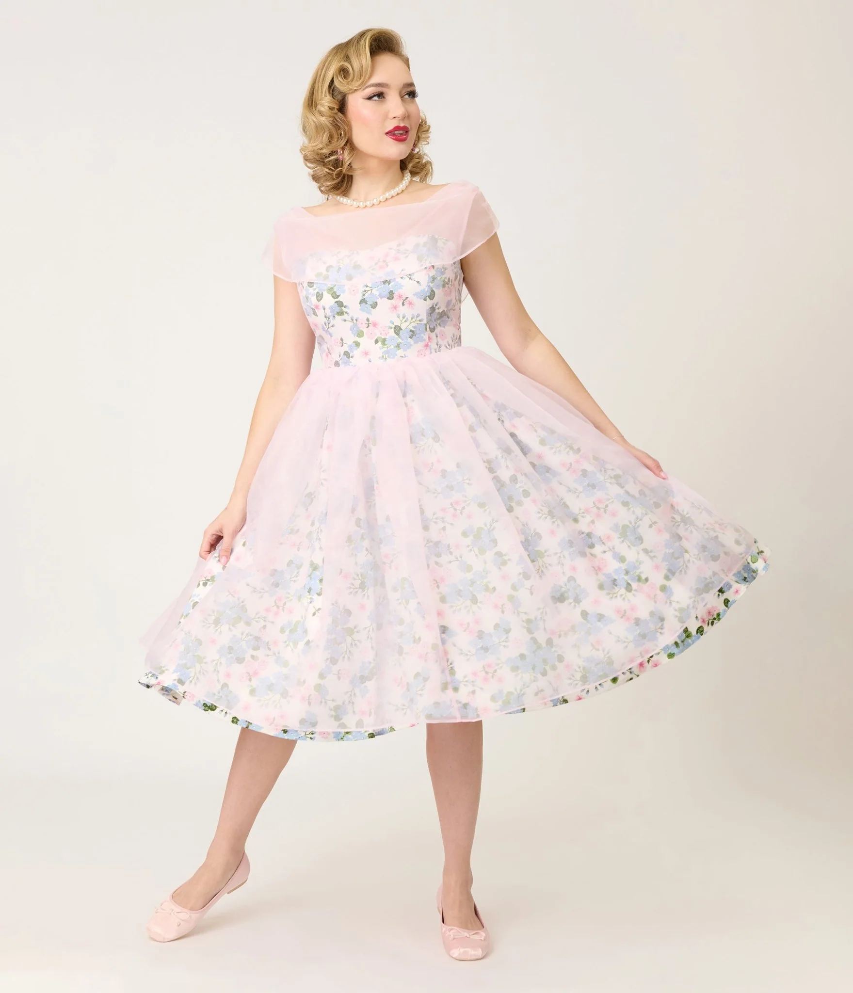 Unique Vintage Sheer Pink Chiffon & Rose Modern Art Swing Dress - Image 3