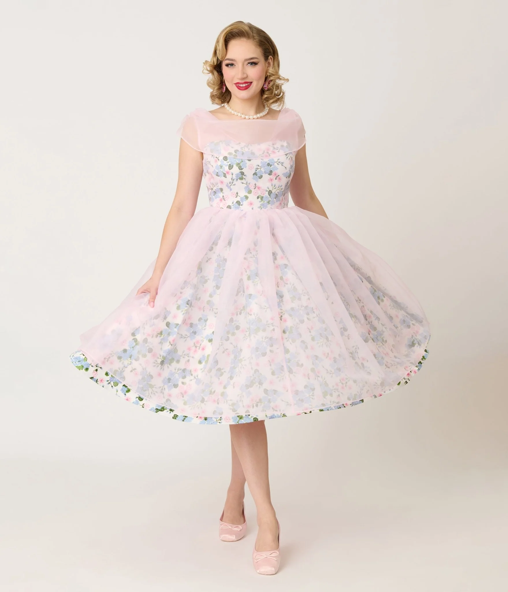 Unique Vintage Sheer Pink Chiffon & Rose Modern Art Swing Dress - Image 4