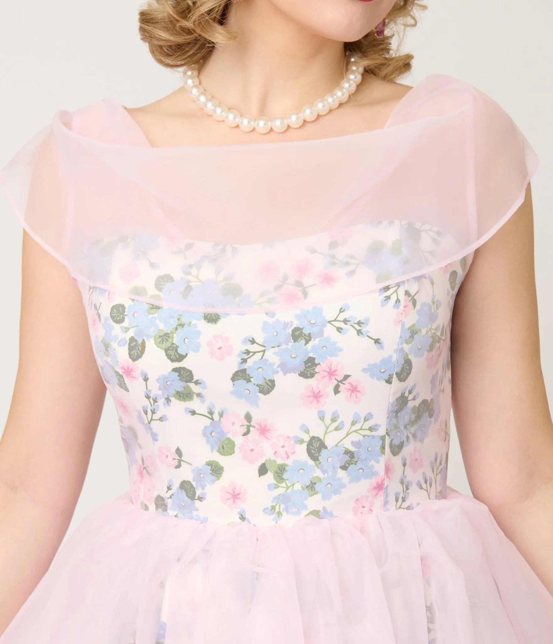 Unique Vintage Sheer Pink Chiffon & Rose Modern Art Swing Dress - Image 5