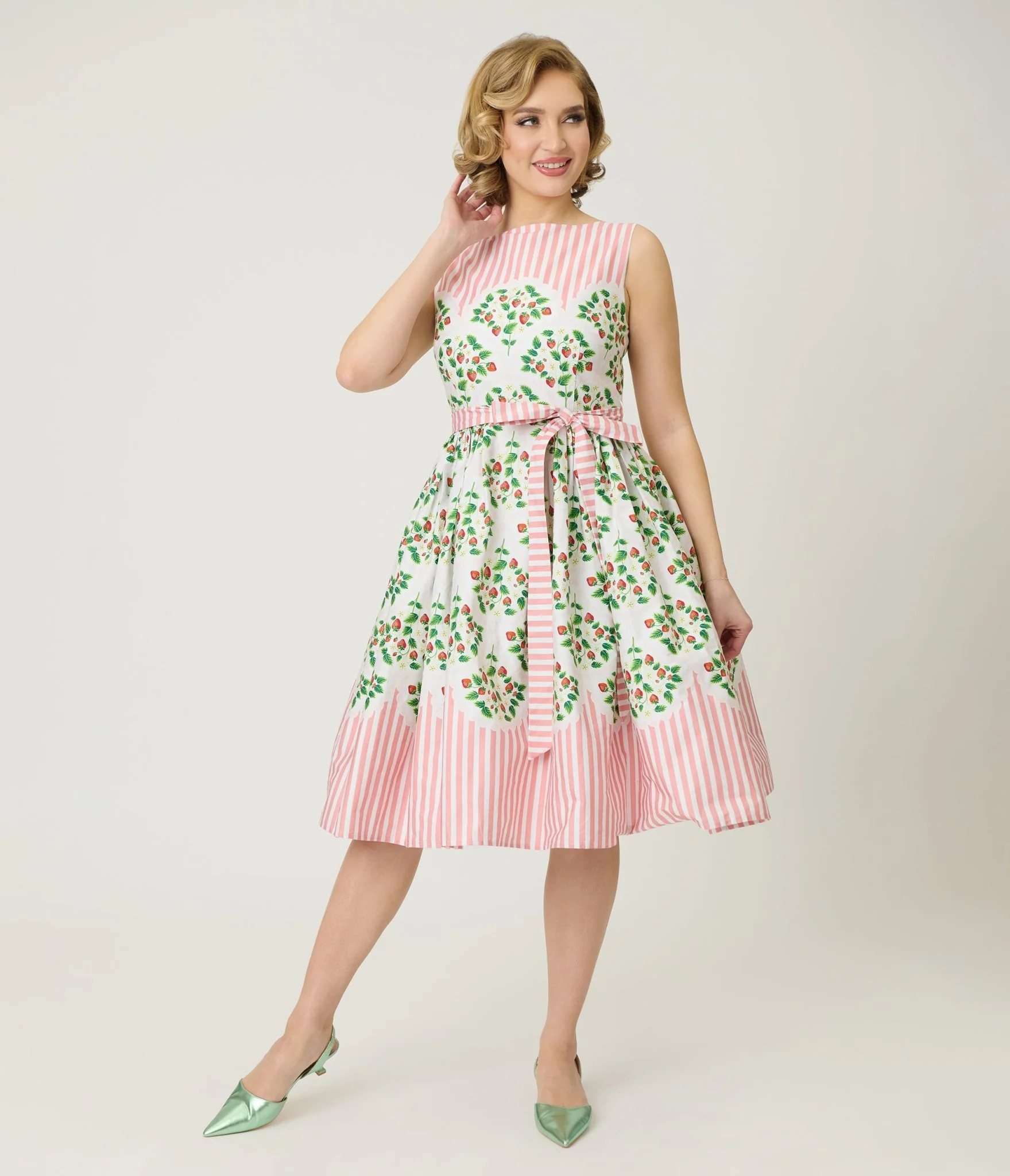 Unique Vintage Strawberry & Stripe Sleeveless Cotton Swing Dress - Image 3
