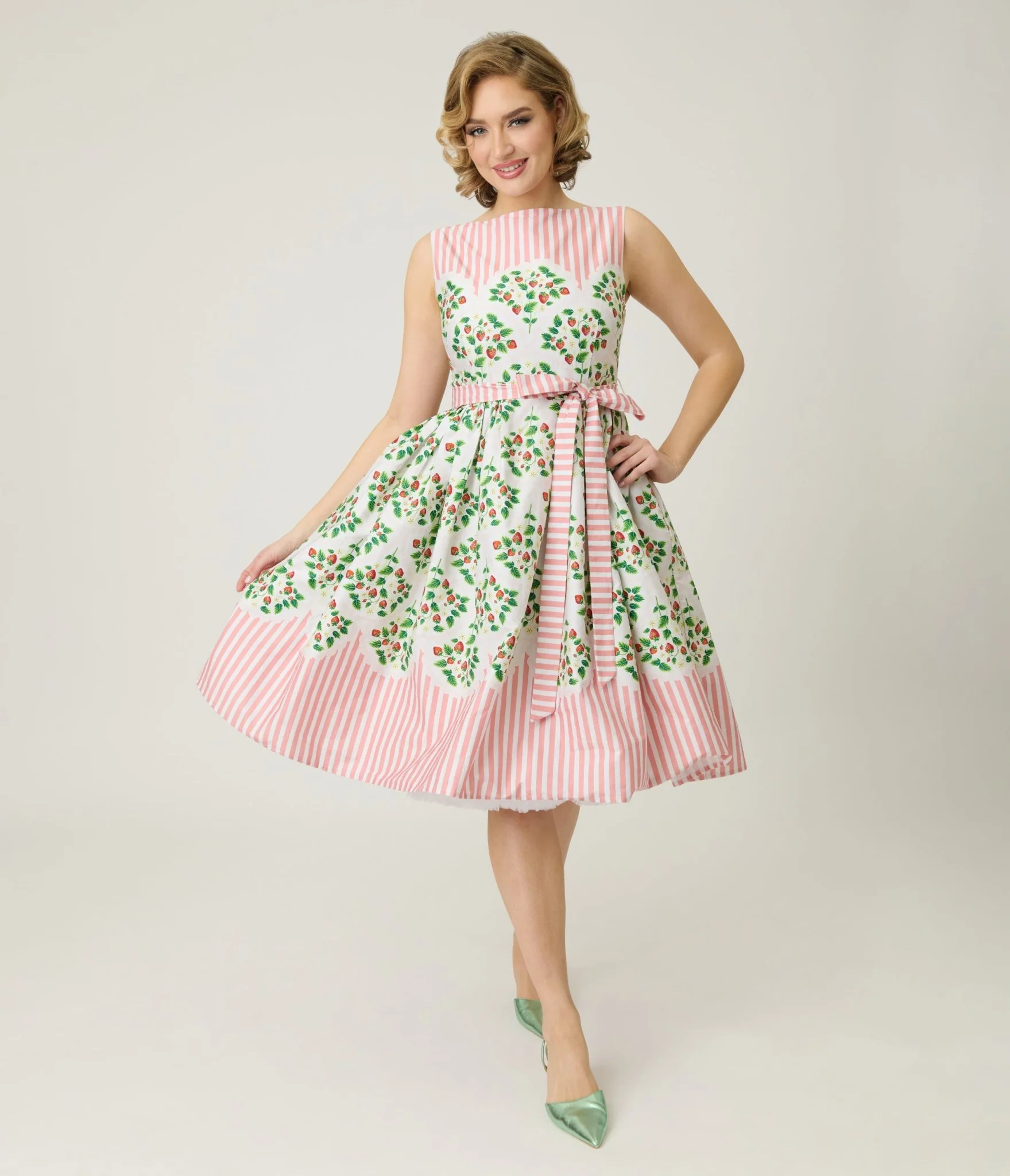 Unique Vintage Strawberry & Stripe Sleeveless Cotton Swing Dress - Image 4
