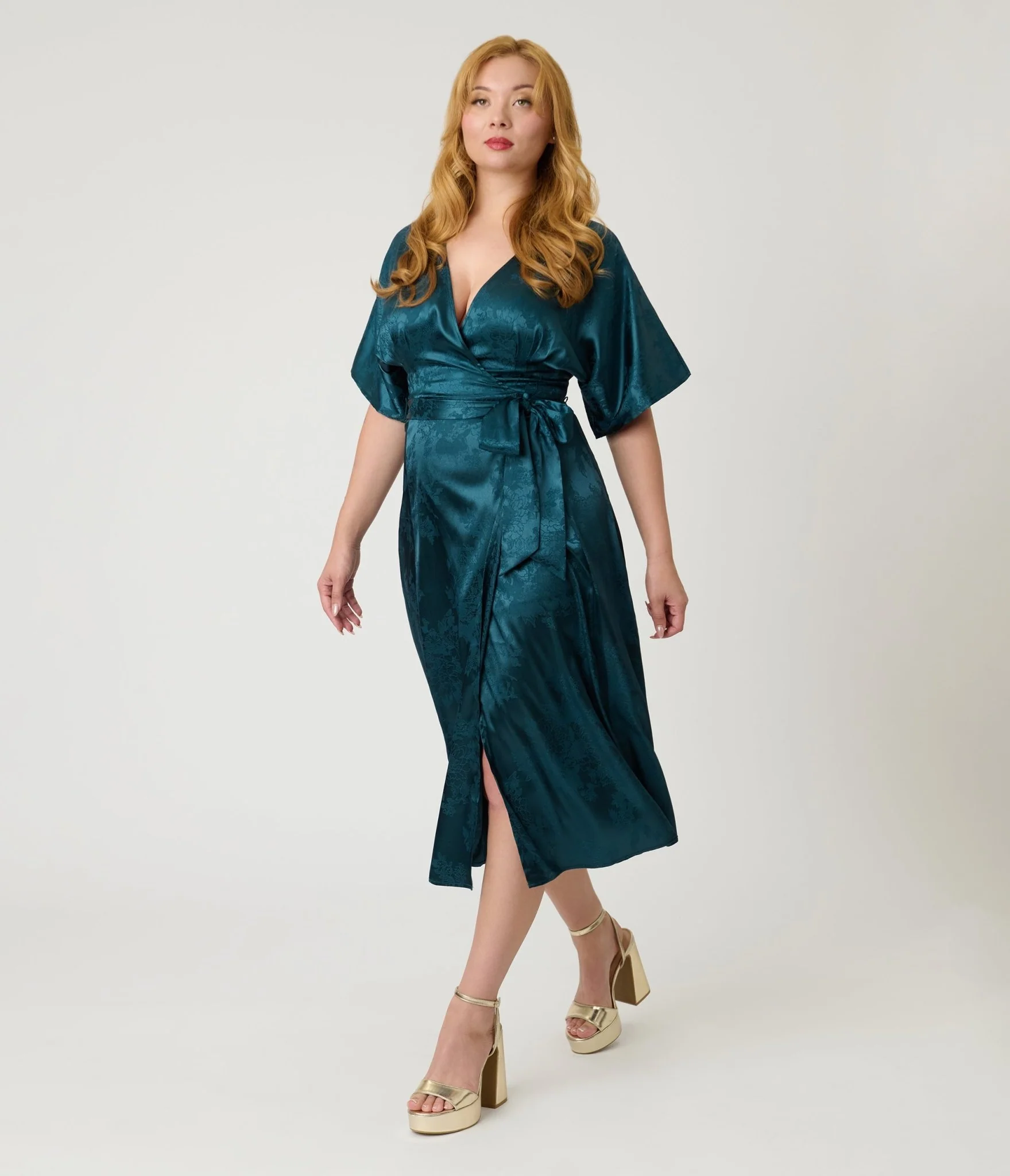 Unique Vintage Teal Floral Brocade Wrap Midi Dress