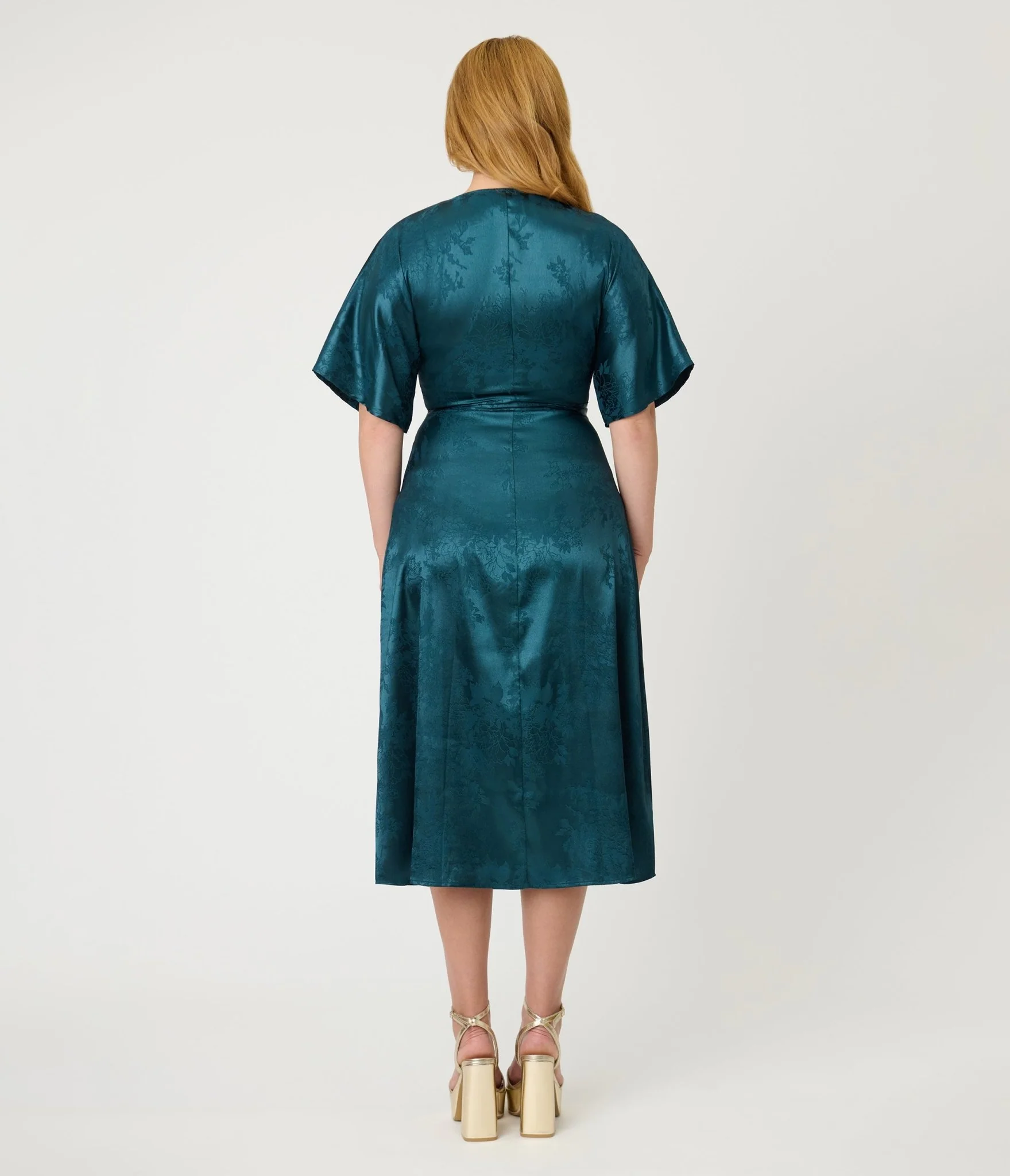 Unique Vintage Teal Floral Brocade Wrap Midi Dress - Image 2