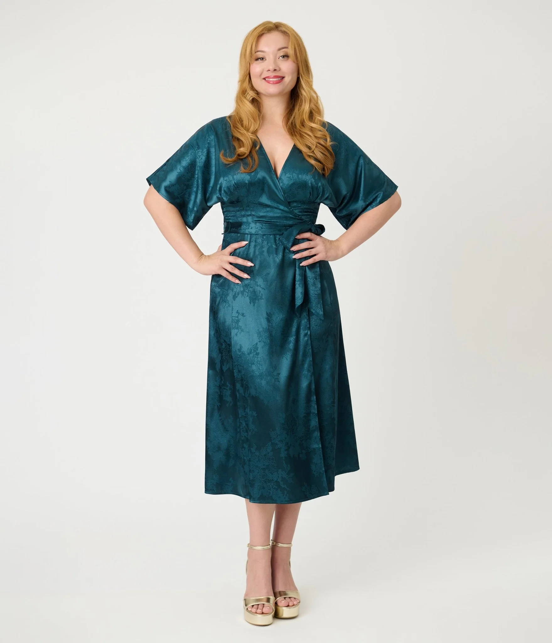 Unique Vintage Teal Floral Brocade Wrap Midi Dress - Image 3