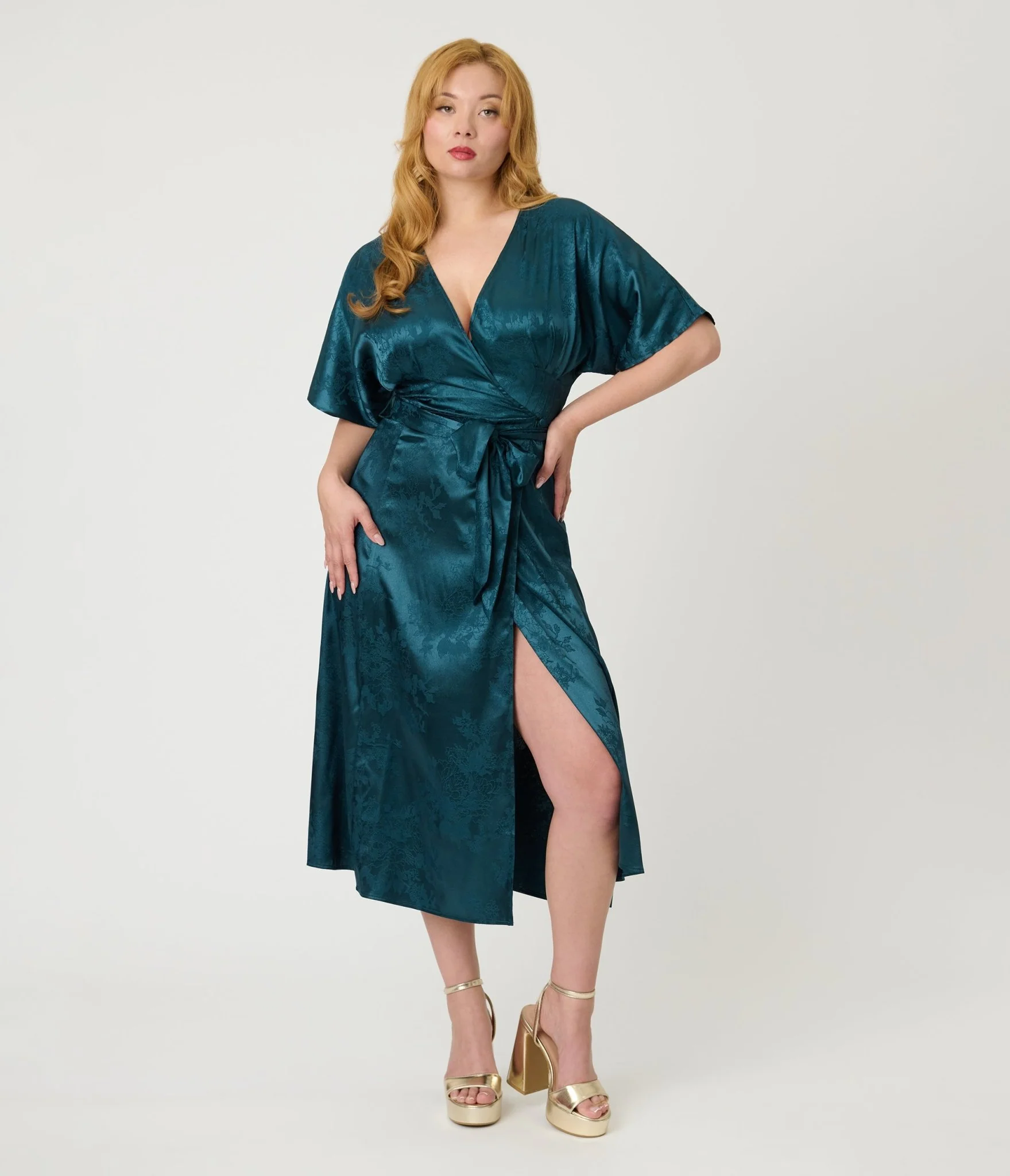 Unique Vintage Teal Floral Brocade Wrap Midi Dress - Image 4
