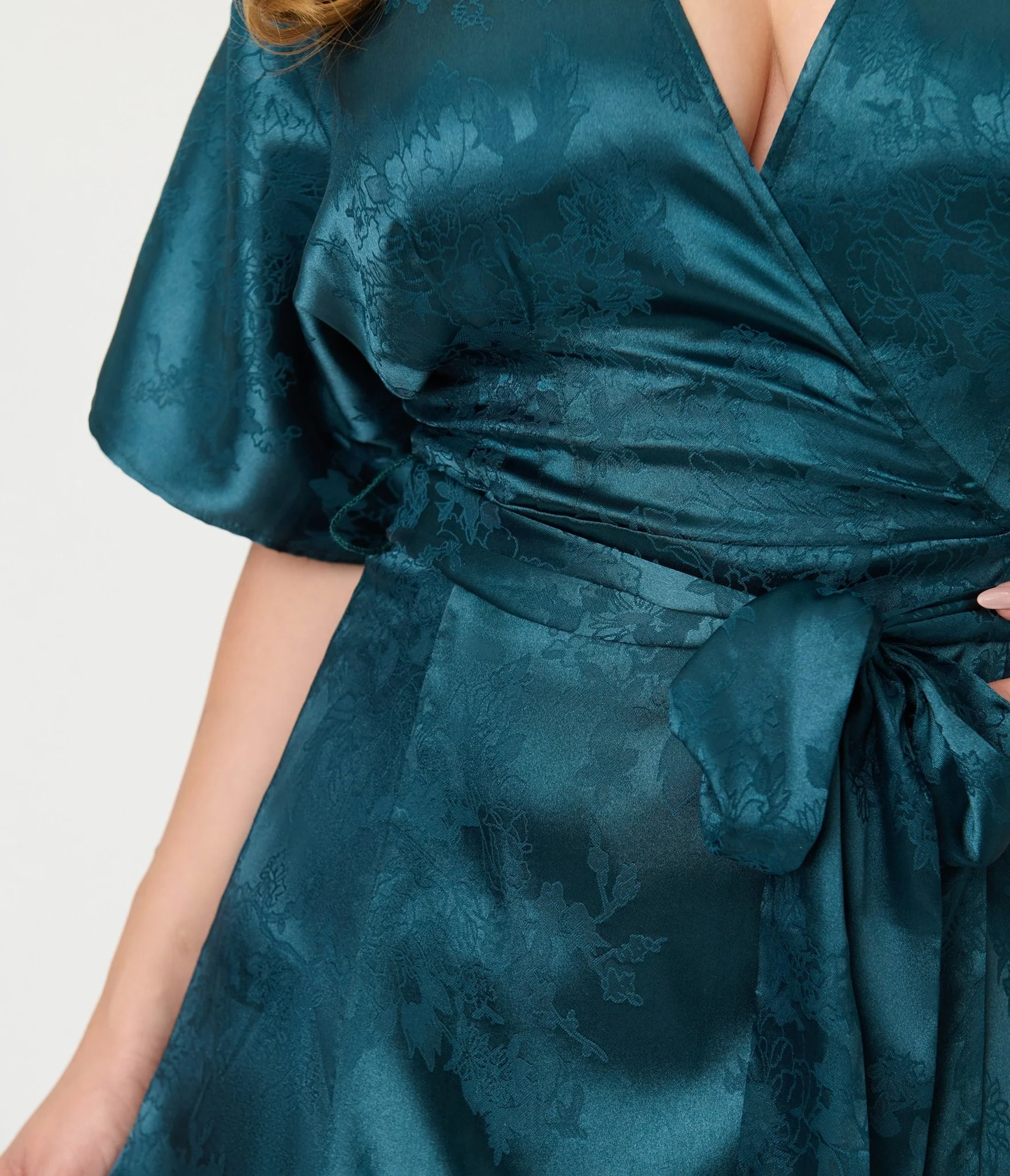 Unique Vintage Teal Floral Brocade Wrap Midi Dress - Image 5