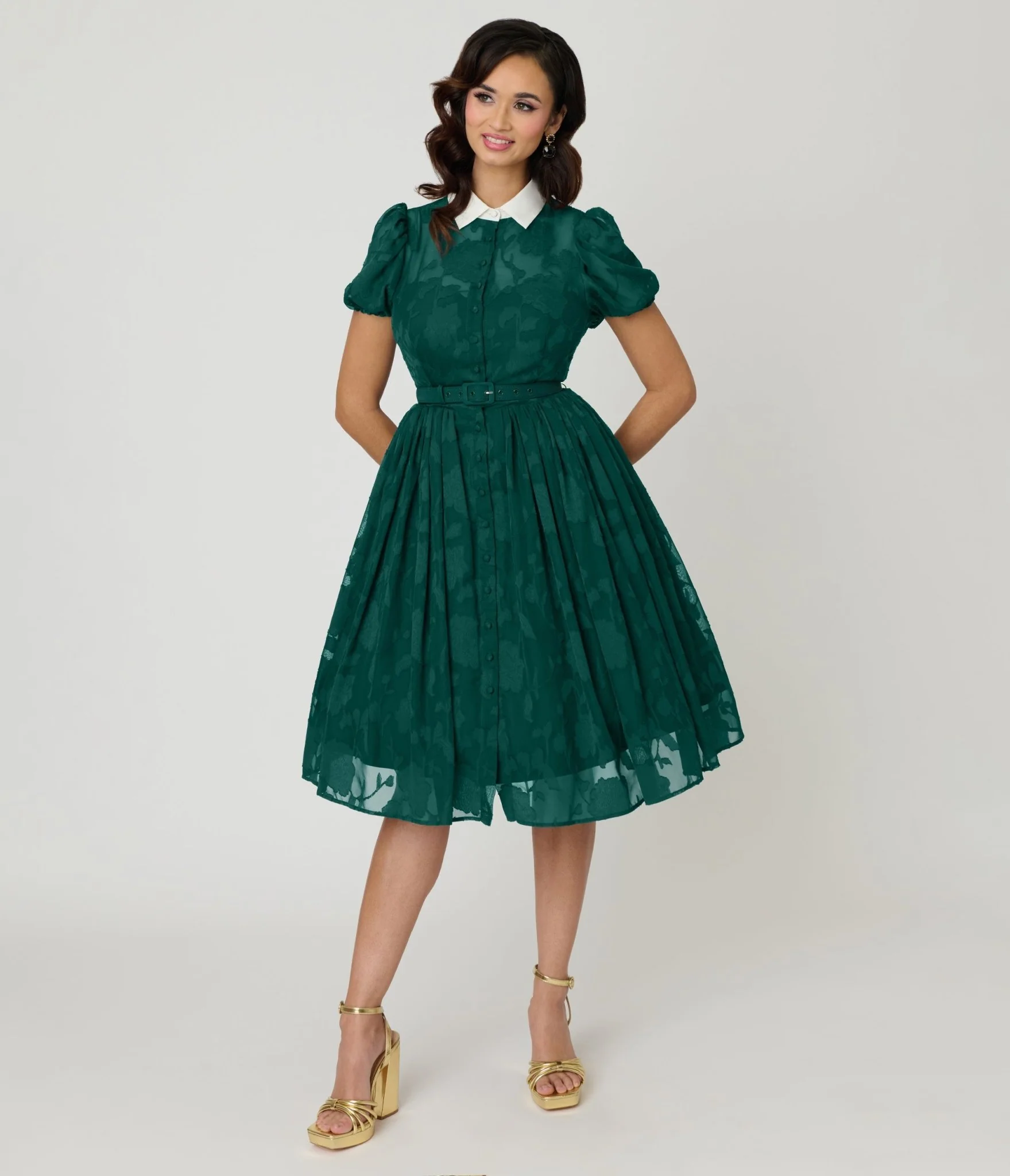 Unique Vintage Teal Floral Jacquard Hollie Swing Dress - Image 3