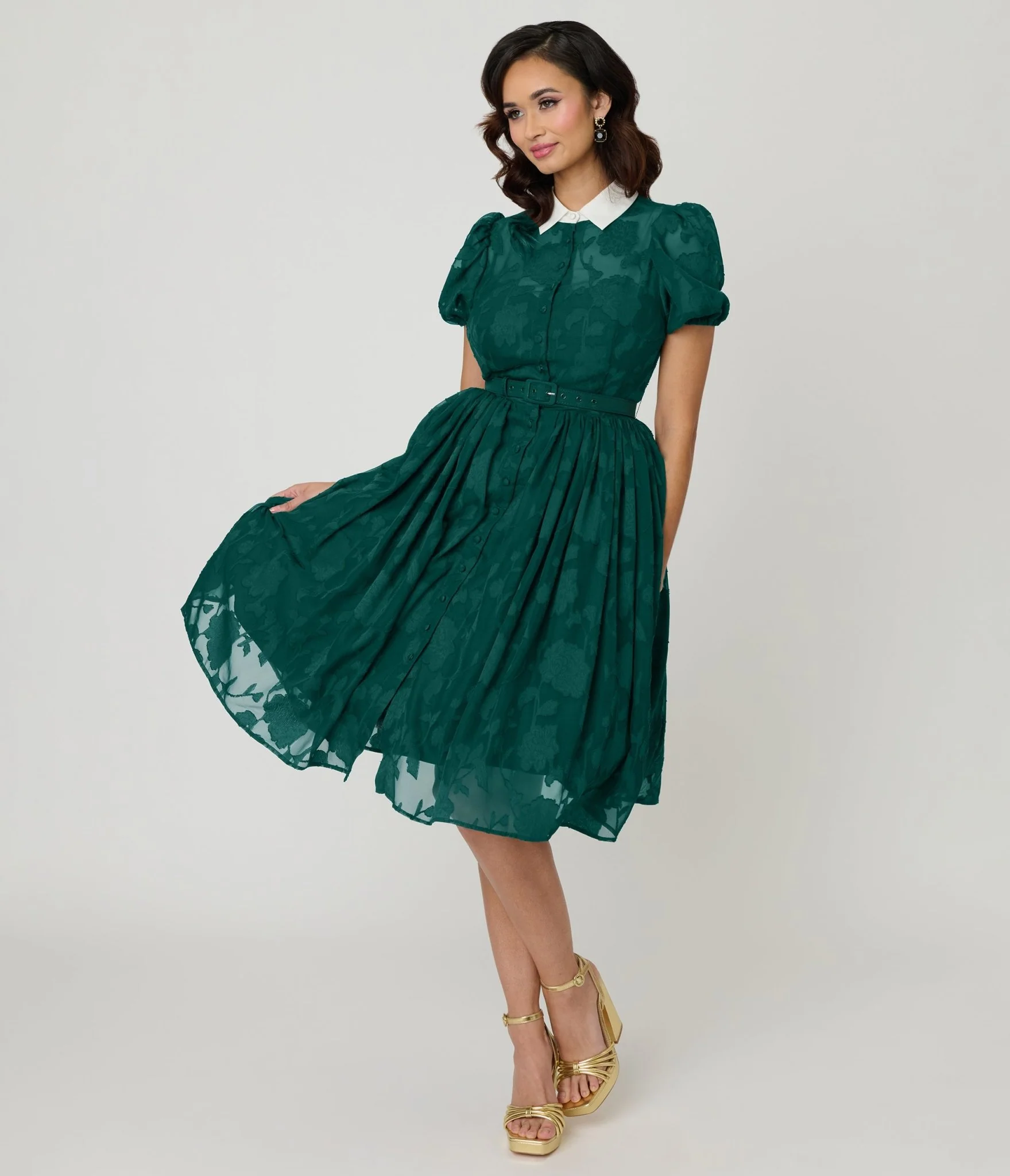 Unique Vintage Teal Floral Jacquard Hollie Swing Dress - Image 4