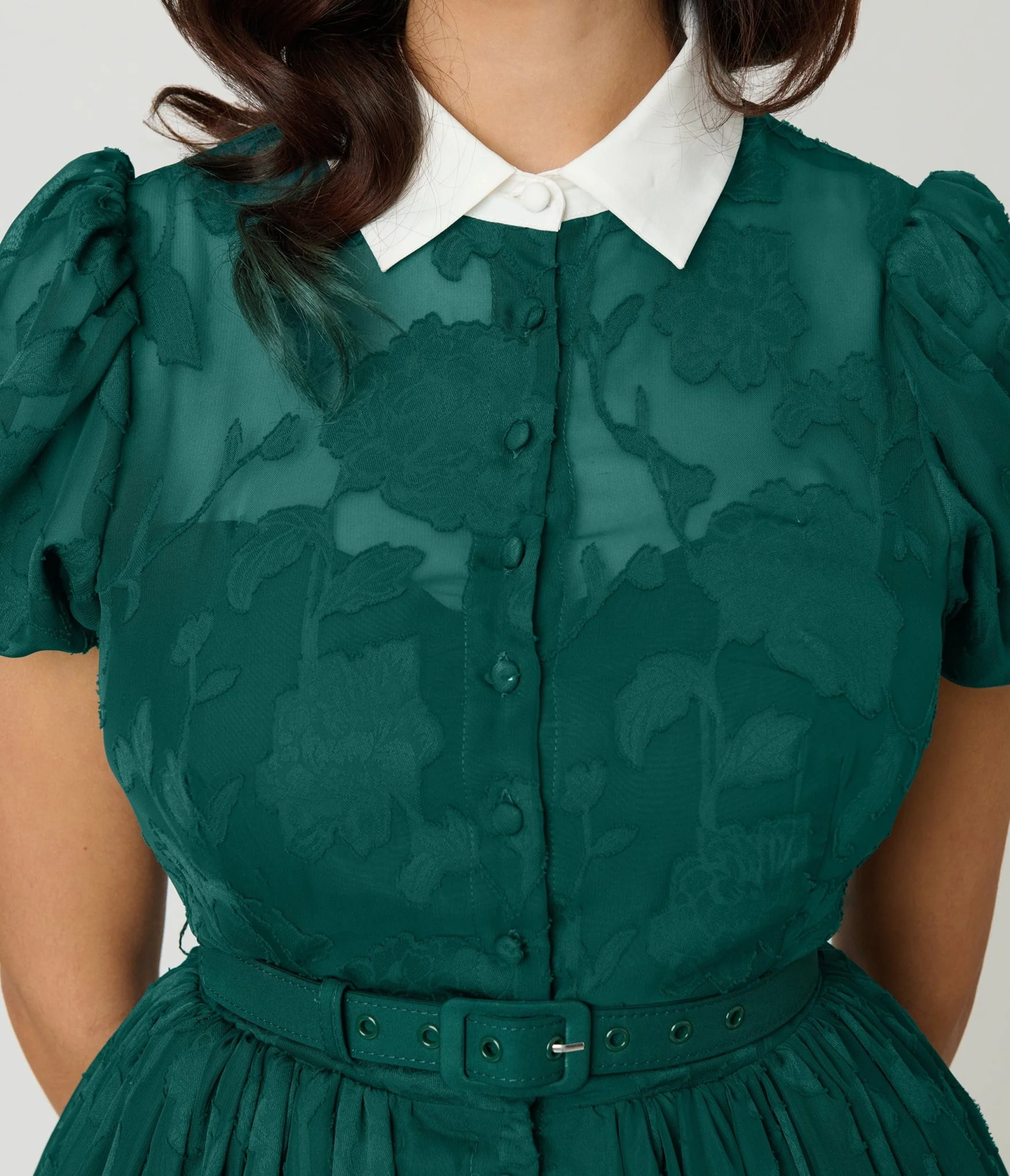 Unique Vintage Teal Floral Jacquard Hollie Swing Dress - Image 5