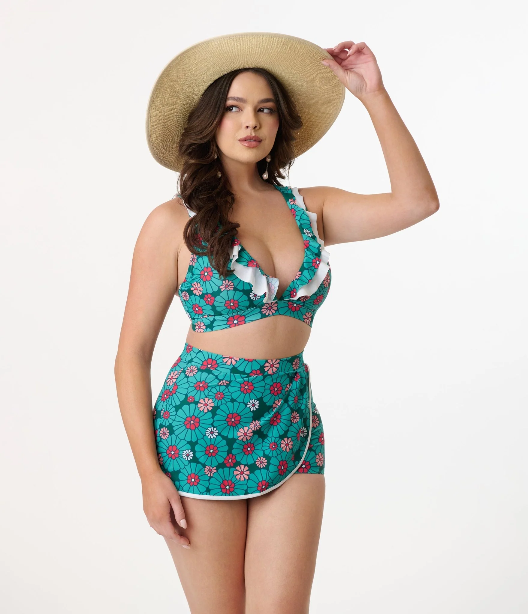 Unique Vintage Teal Flower Child Halter Swim Top - Image 3