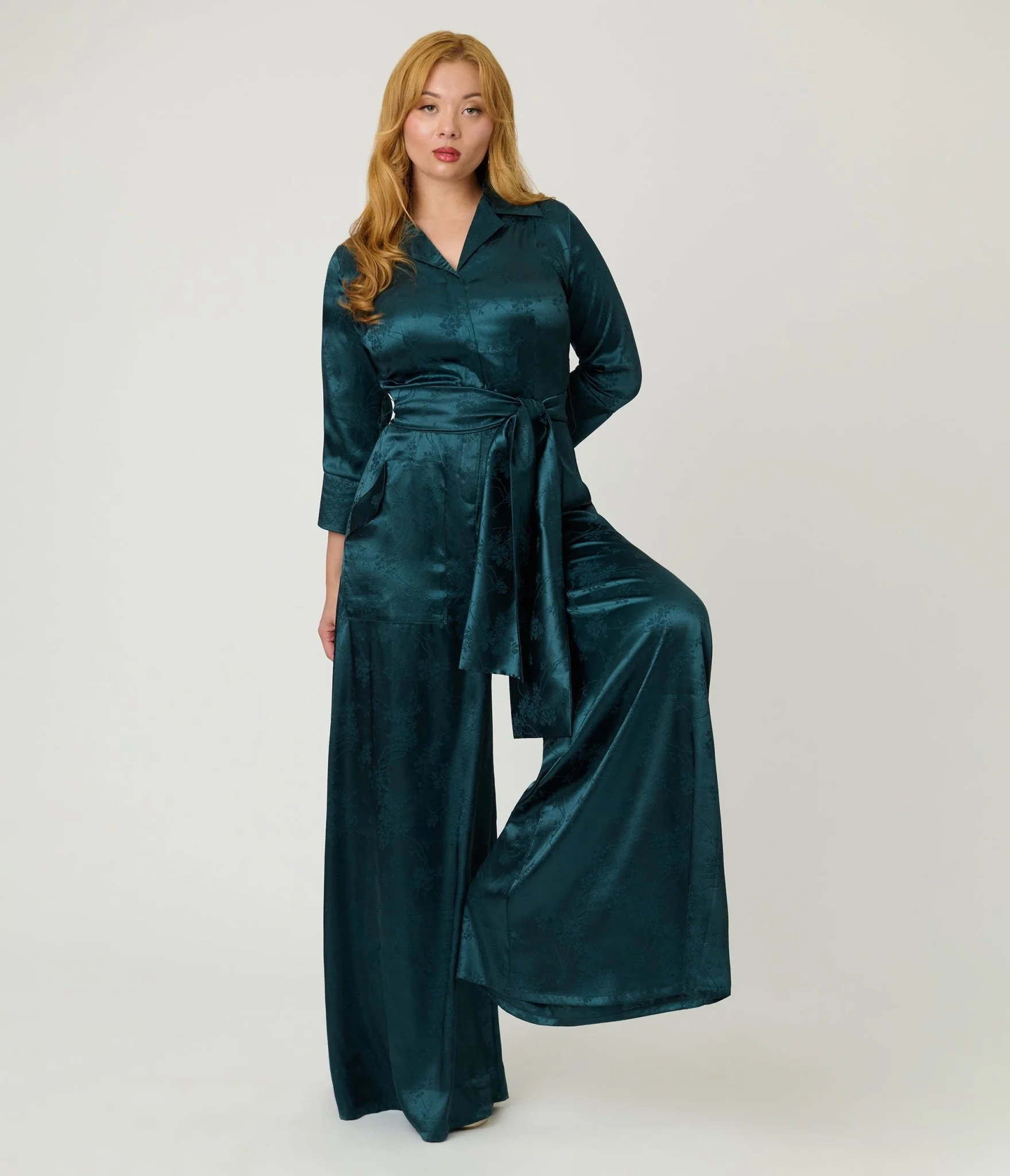 Unique Vintage Teal Jacquard Satin Flare Jumpsuit
