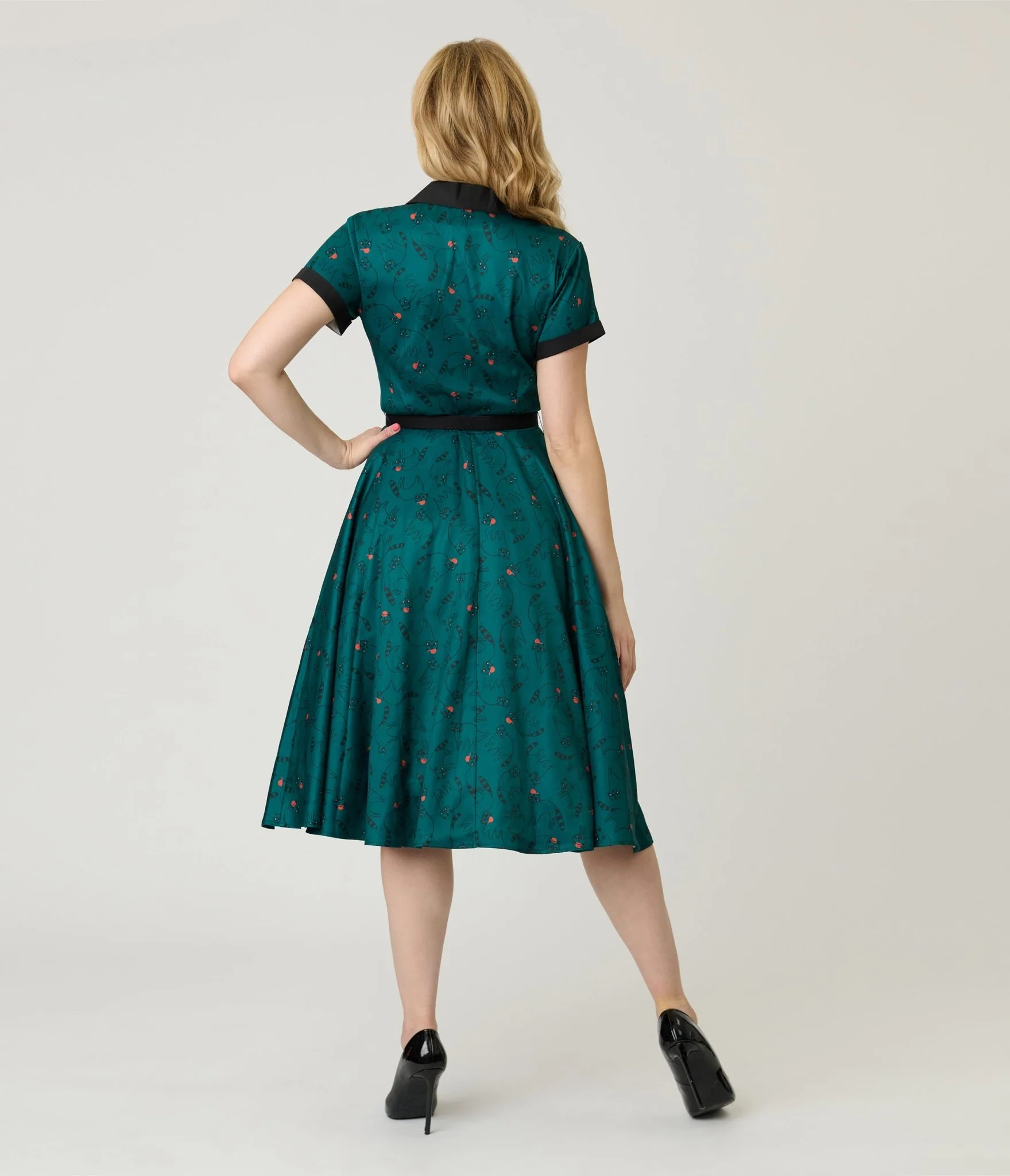 Unique Vintage Teal Raccoon Print Alexis Swing Dress - Image 2