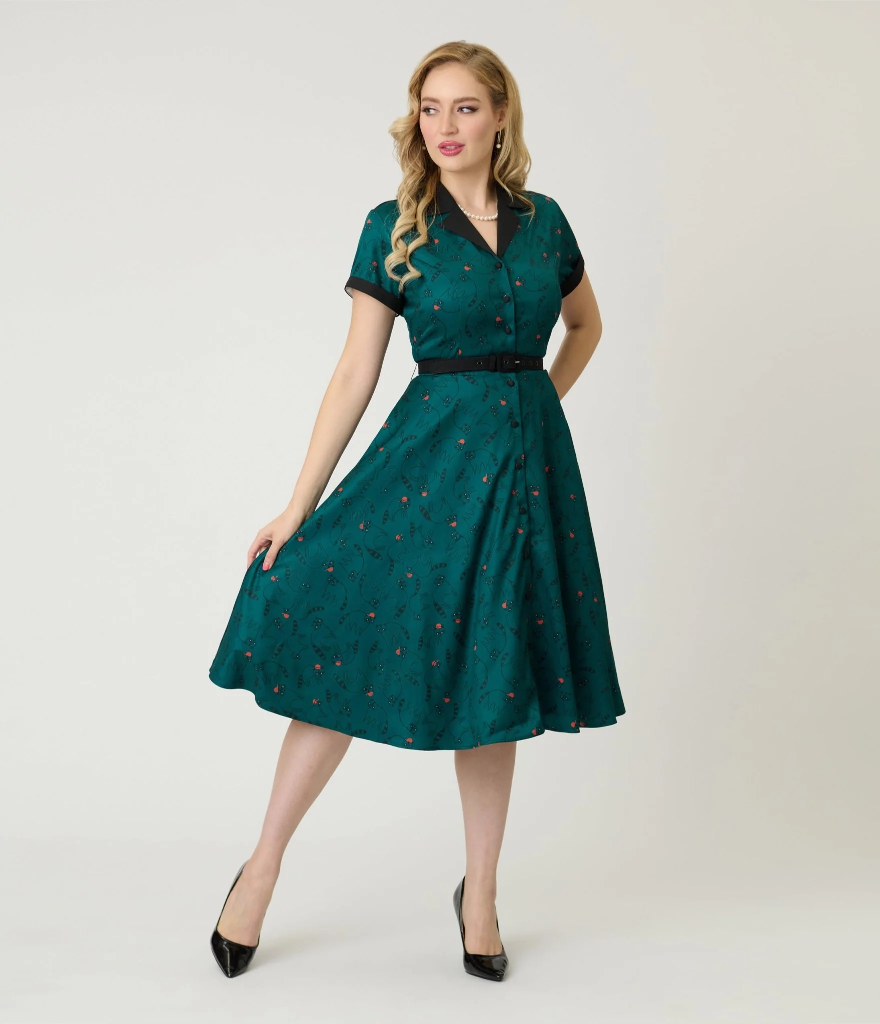 Unique Vintage Teal Raccoon Print Alexis Swing Dress - Image 3