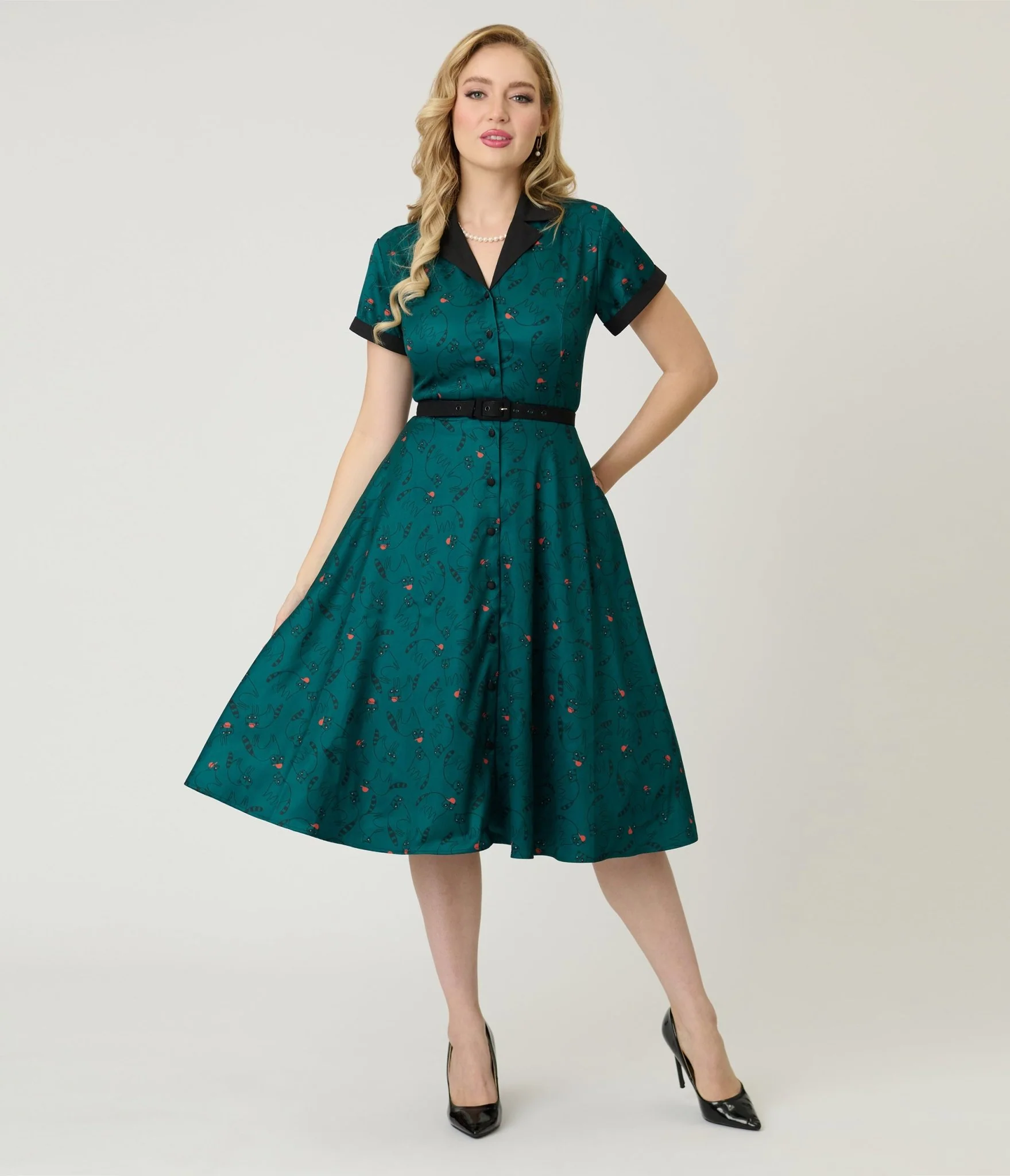 Unique Vintage Teal Raccoon Print Alexis Swing Dress - Image 4