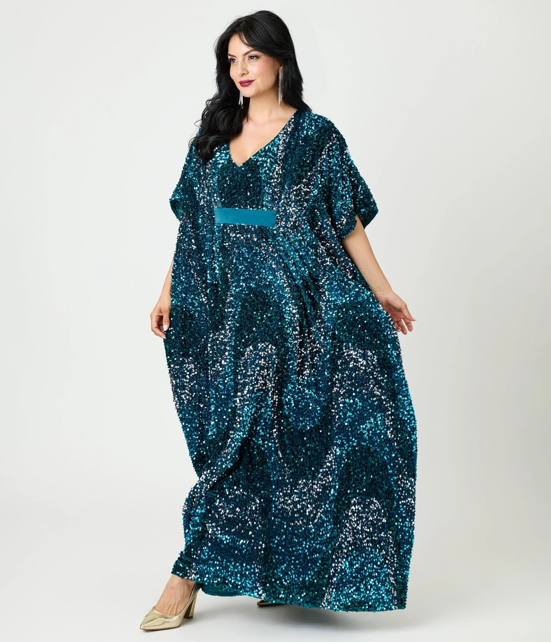 Unique Vintage Teal Sequin Burton Caftan Dress - Image 3
