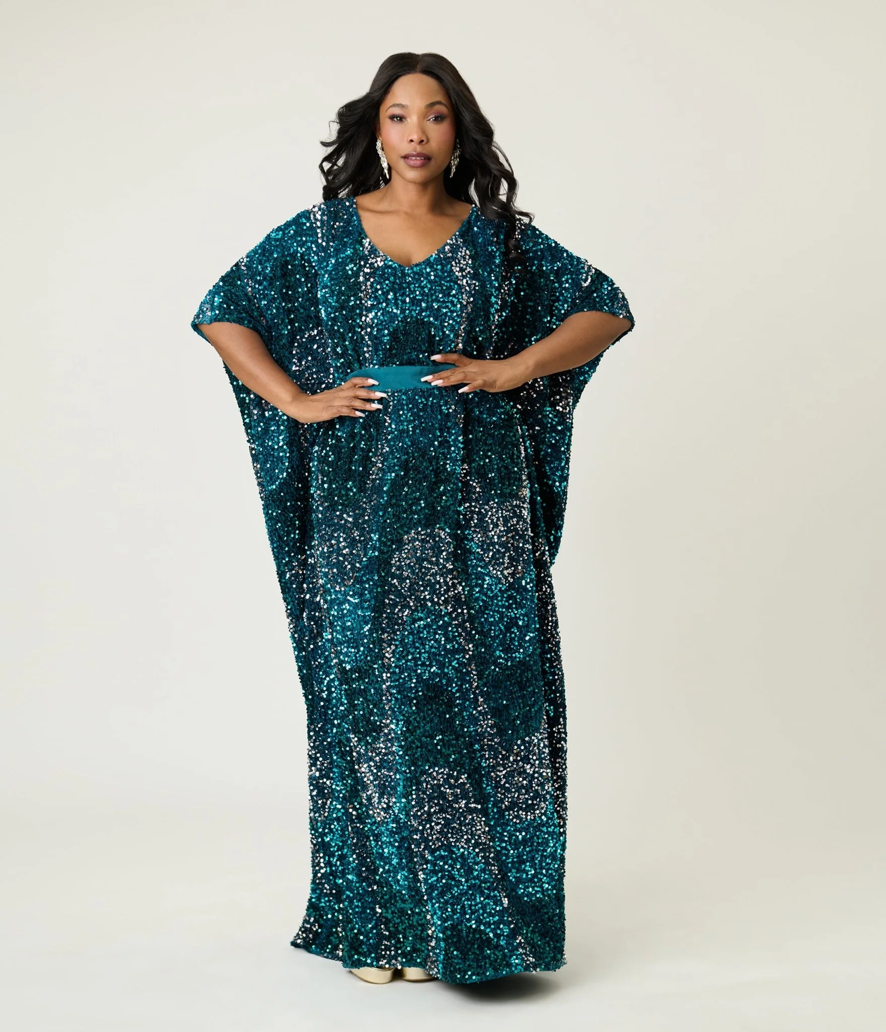 Unique Vintage Teal Sequin Burton Caftan Dress - Image 4