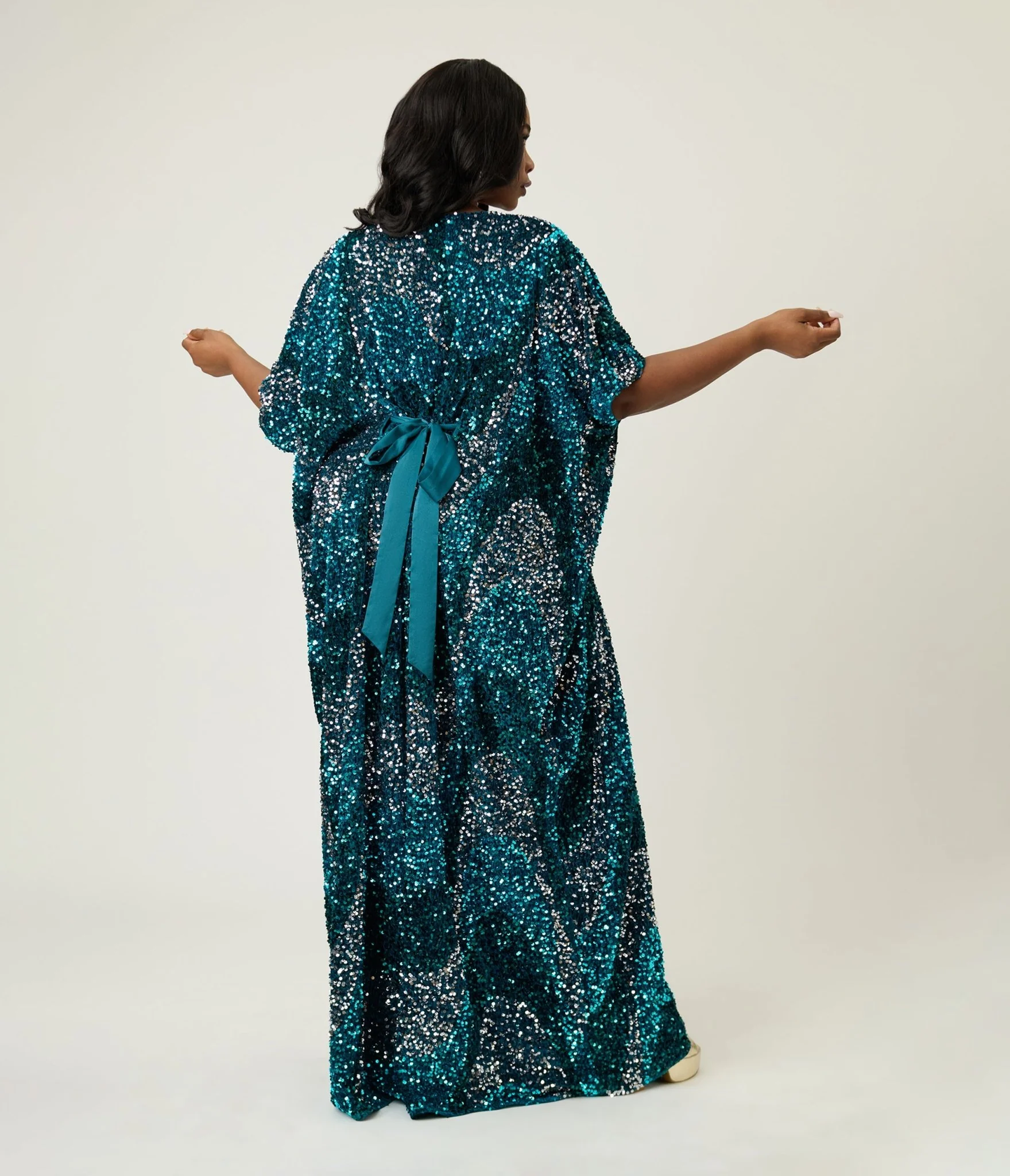 Unique Vintage Teal Sequin Burton Caftan Dress - Image 5