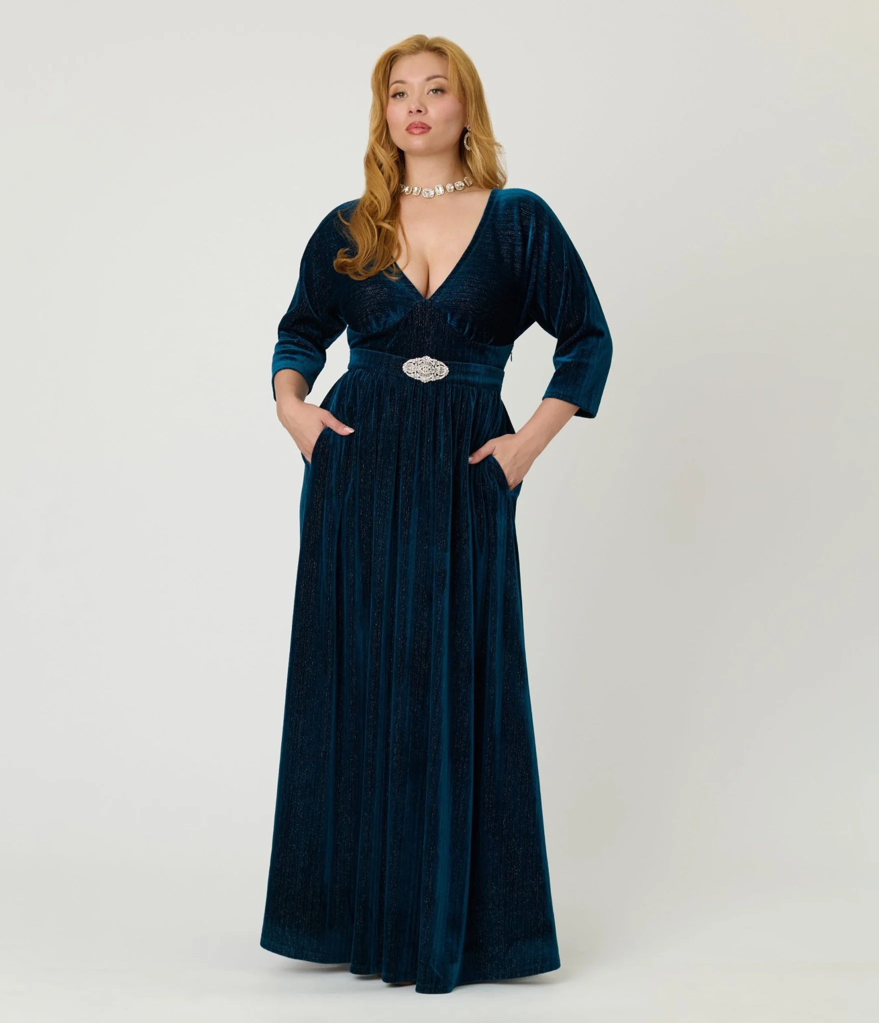 Unique Vintage Teal Velvet Batwing Sleeve Maxi Dress - Image 3