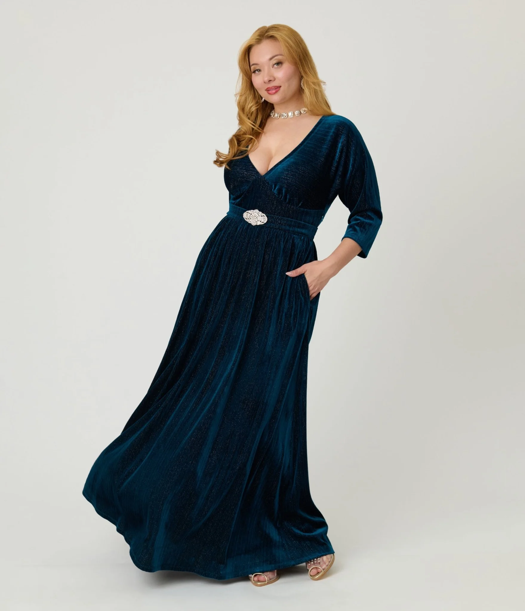 Unique Vintage Teal Velvet Batwing Sleeve Maxi Dress - Image 4