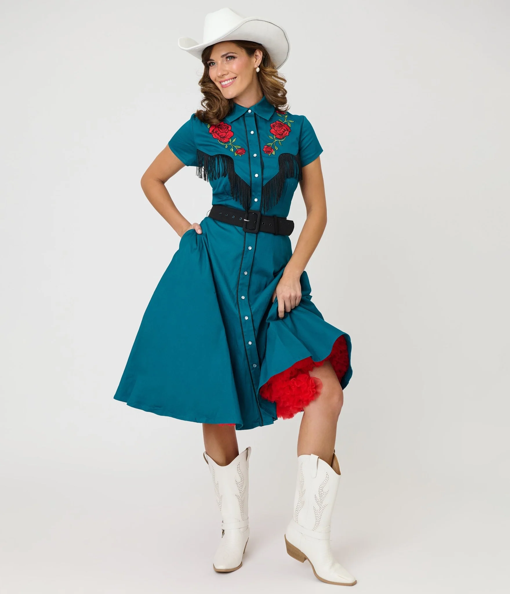 Unique Vintage Teal & Western Rose Madeline Swing Dress