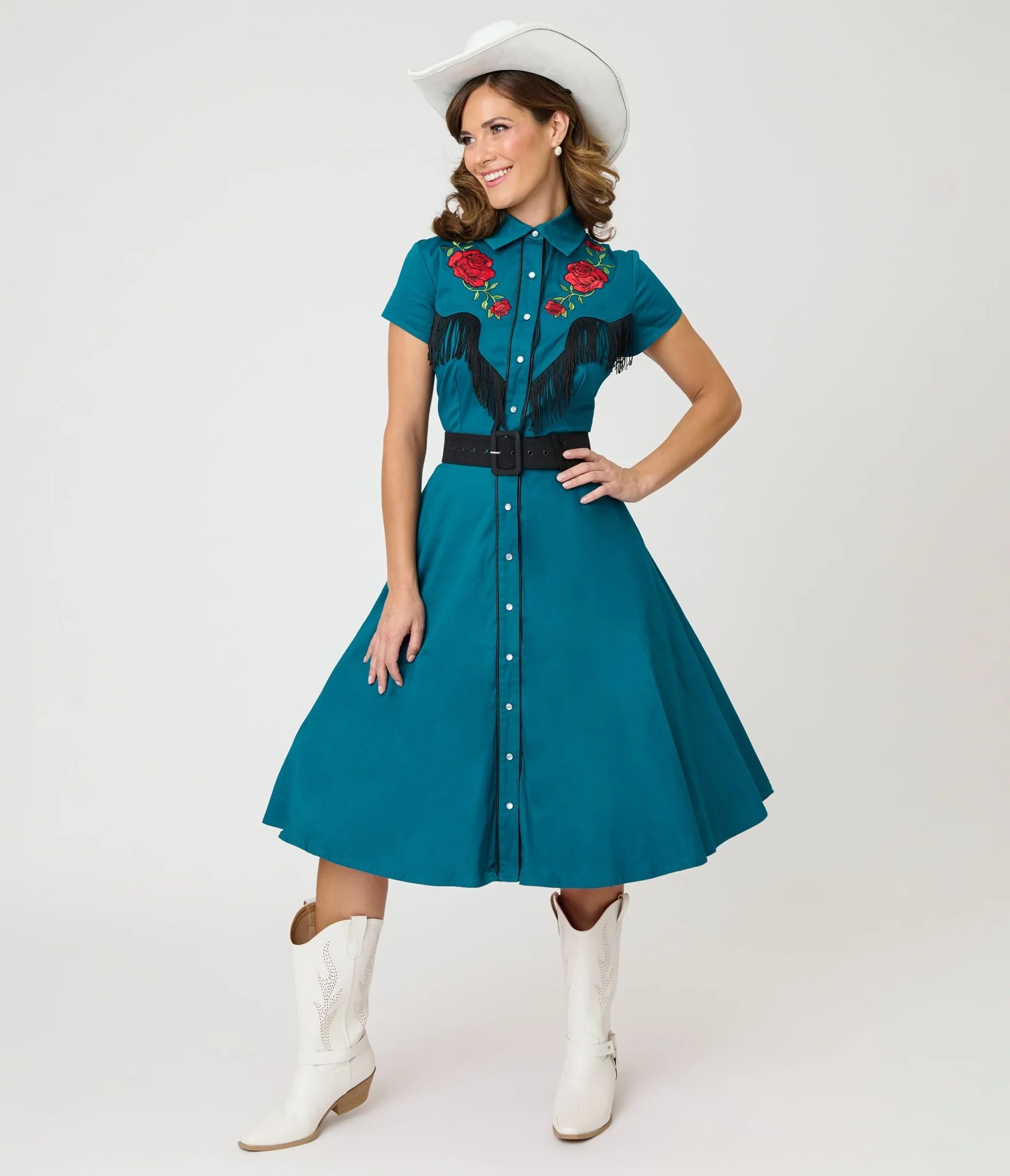 Unique Vintage Teal & Western Rose Madeline Swing Dress - Image 4