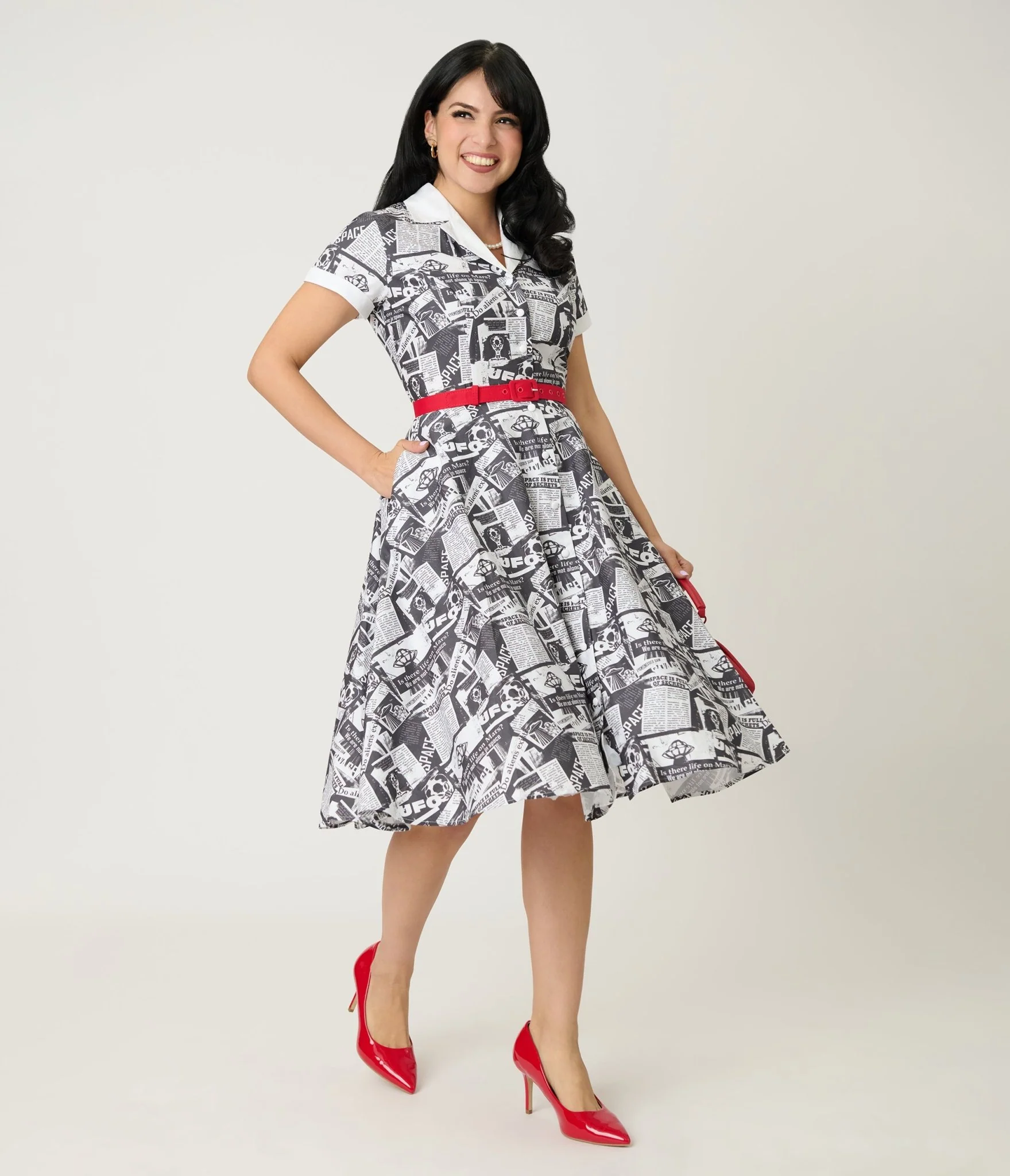 Unique Vintage UFO Sighting Newspaper Print Alexis Swing Dress - Image 3