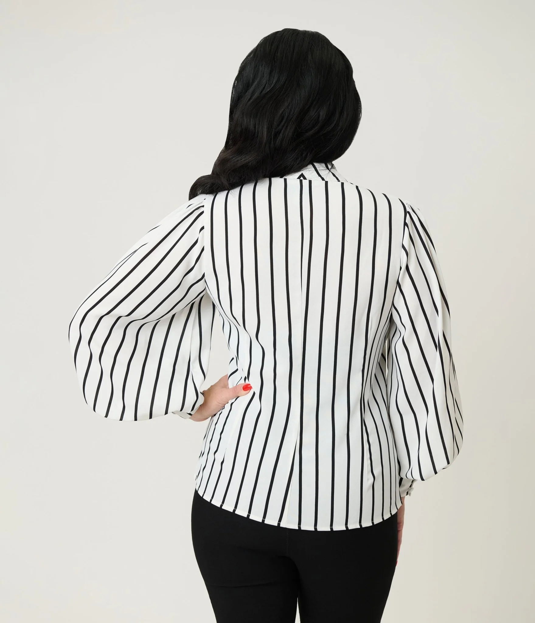 Unique Vintage 1940s White & Black Stripe Neck Tie Gwen Blouse - Image 2