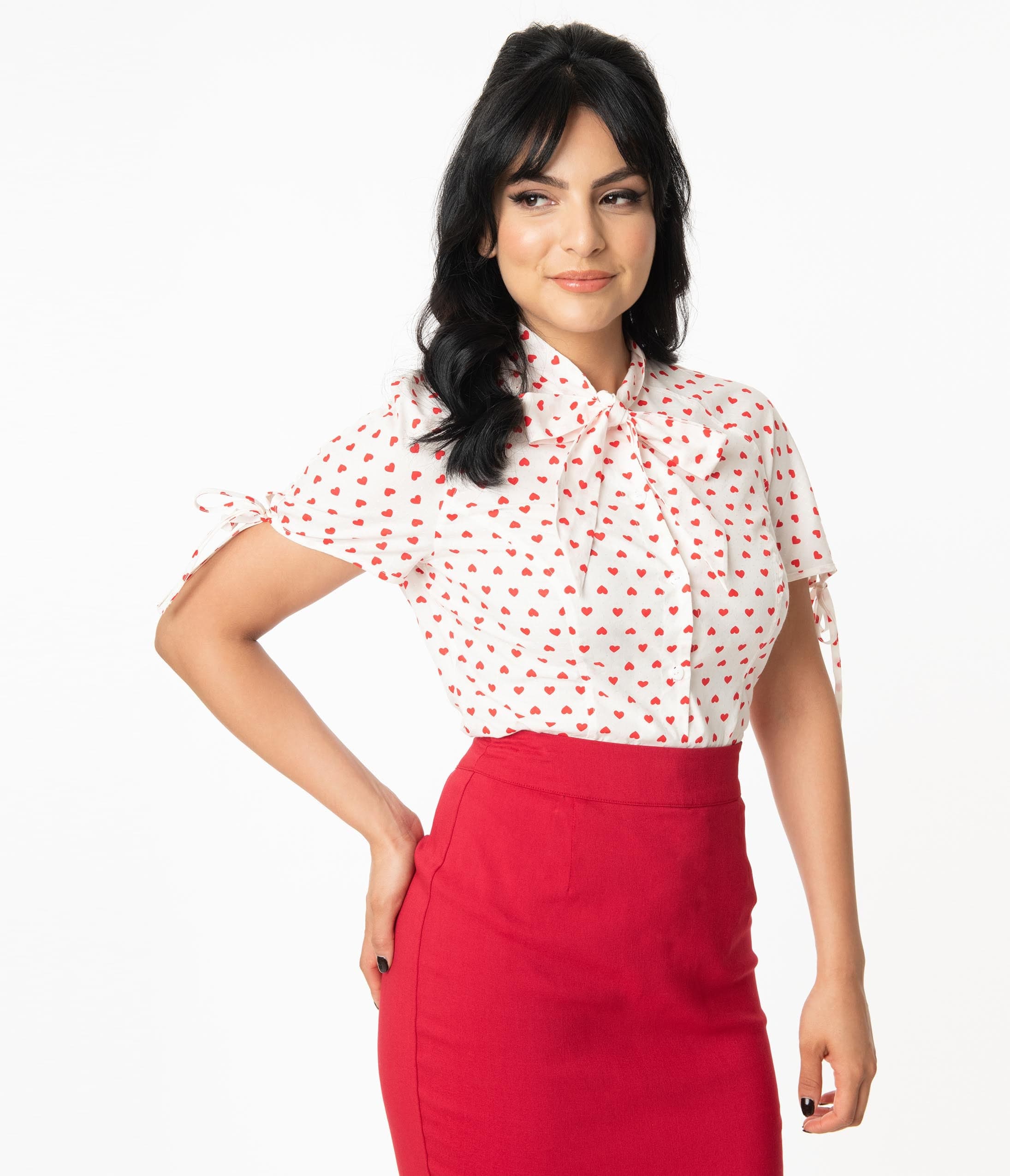 Unique Vintage 1960s White & Red Heart Print Chita Blouse - Image 5
