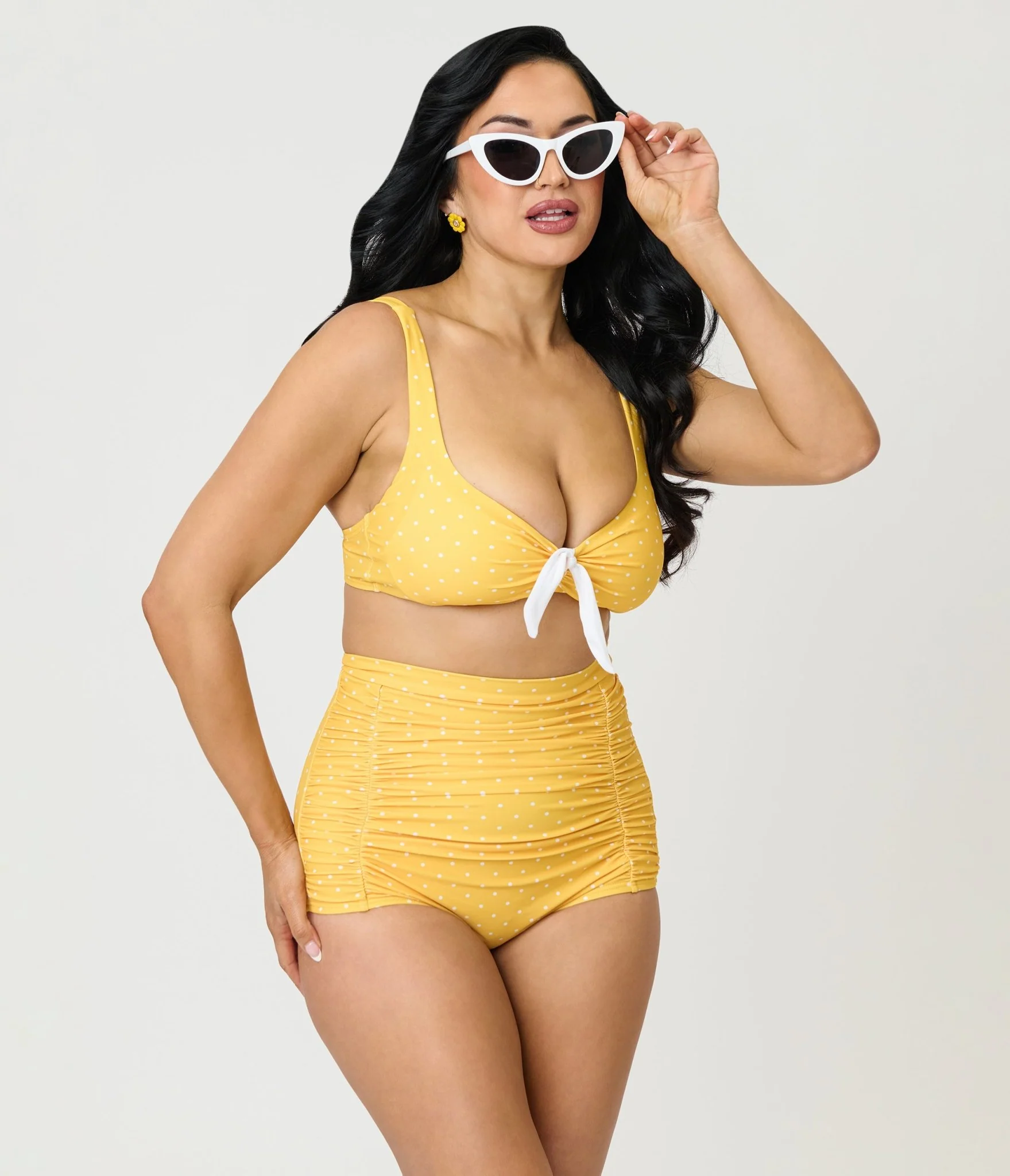 Unique Vintage Yellow & White Pin Dot Monroe High Waist Swim Bottom - Image 5