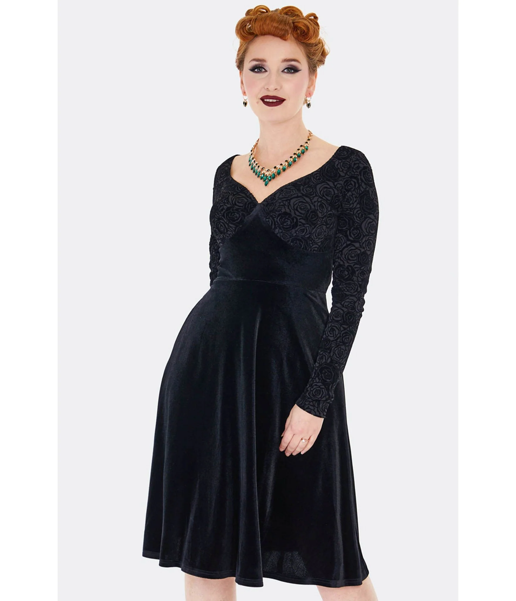 Voodoo Vixen Black Rose Embossed Velvet Swing Dress