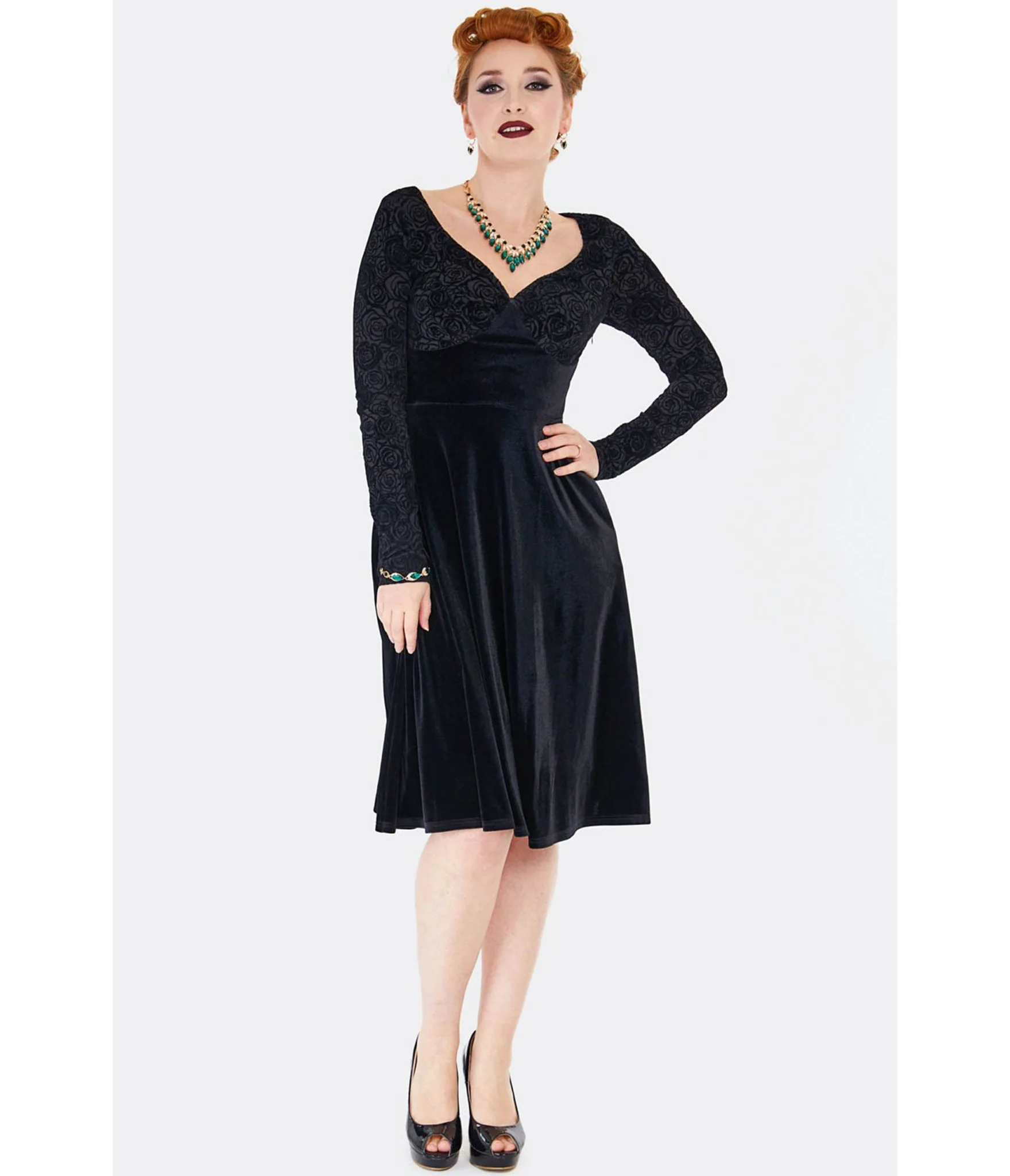 Voodoo Vixen Black Rose Embossed Velvet Swing Dress - Image 2