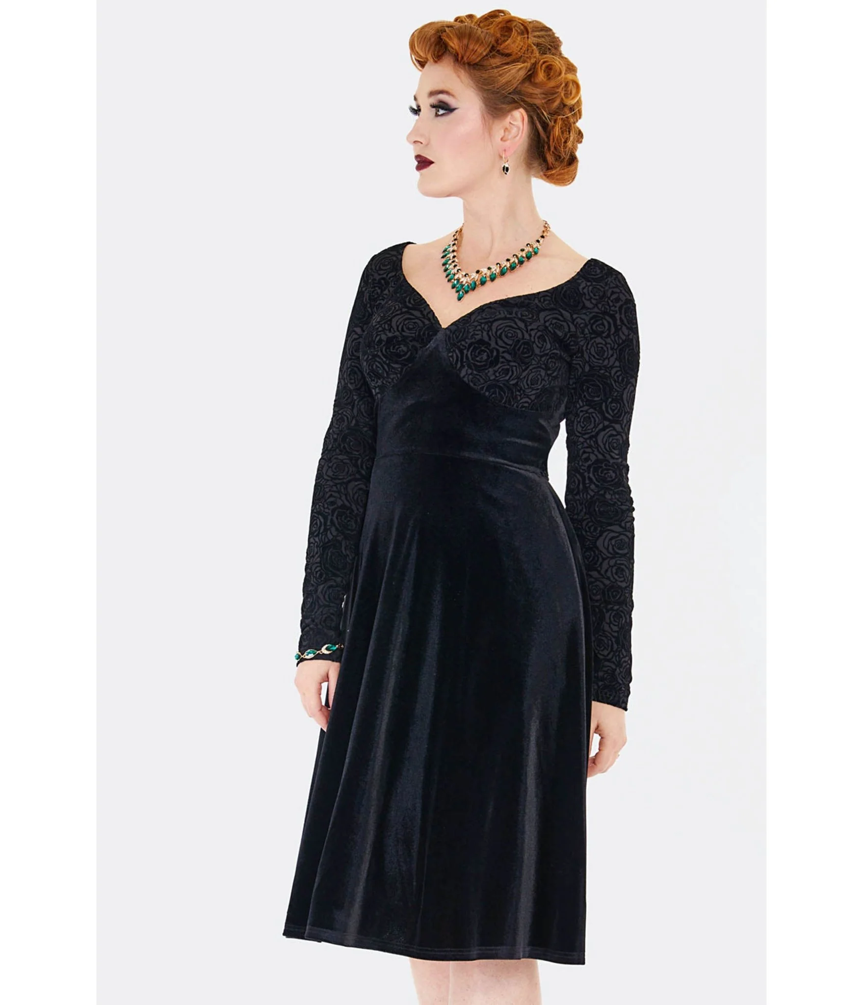 Voodoo Vixen Black Rose Embossed Velvet Swing Dress - Image 3