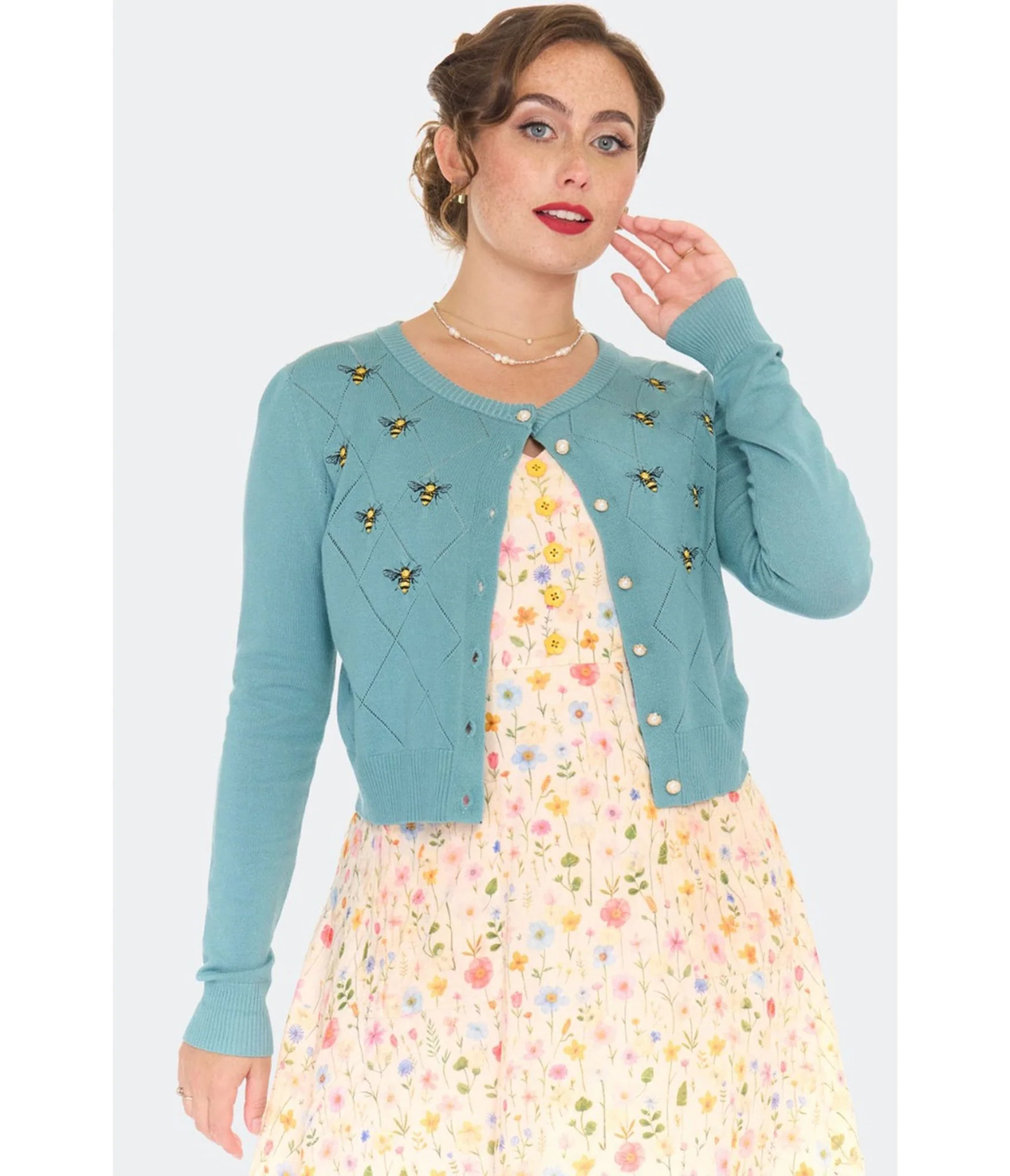 Voodoo Vixen Blue Bee Embroidered Diamond Cardigan