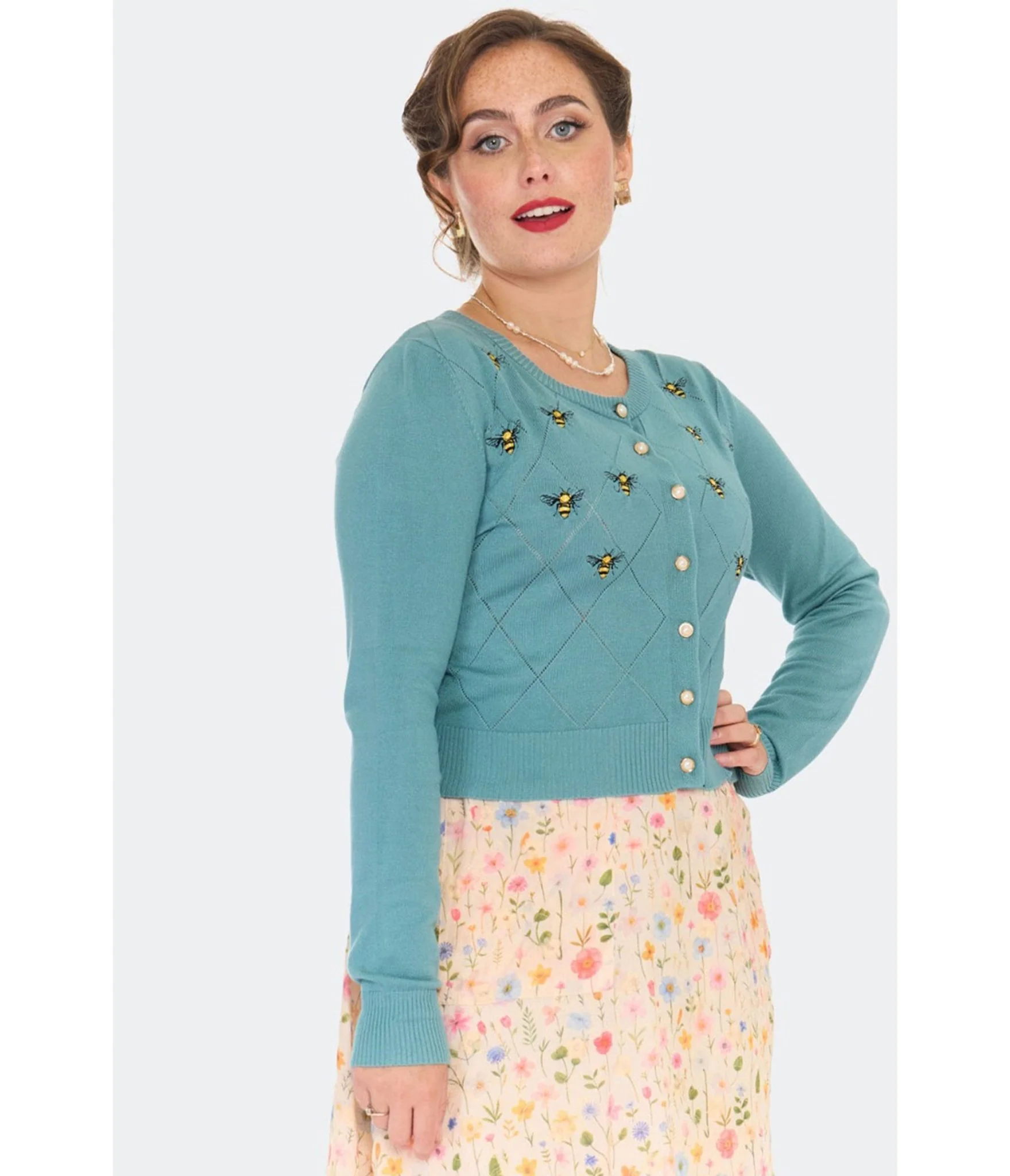 Voodoo Vixen Blue Bee Embroidered Diamond Cardigan - Image 4
