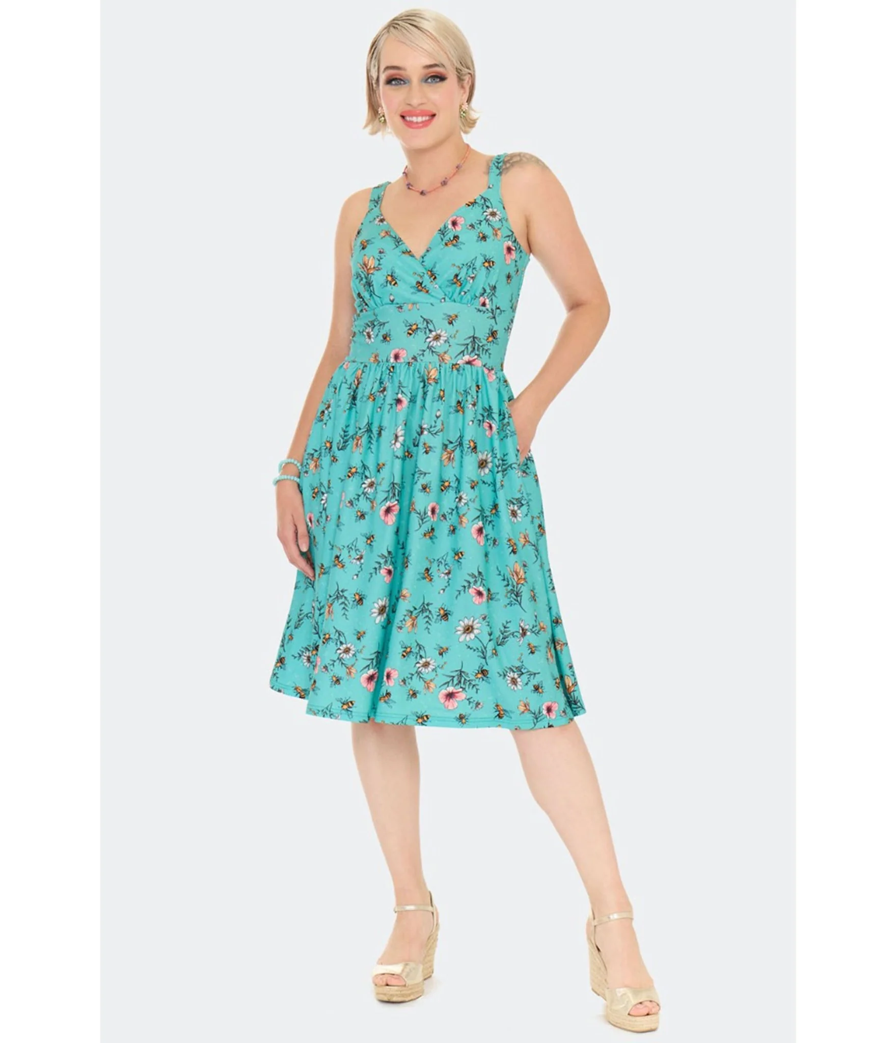 Voodoo Vixen Teal Floral & Bee Print Flare Dress
