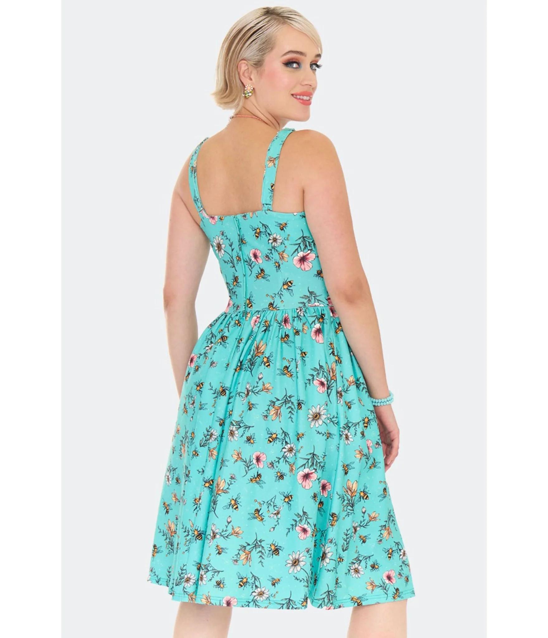 Voodoo Vixen Teal Floral & Bee Print Flare Dress - Image 2