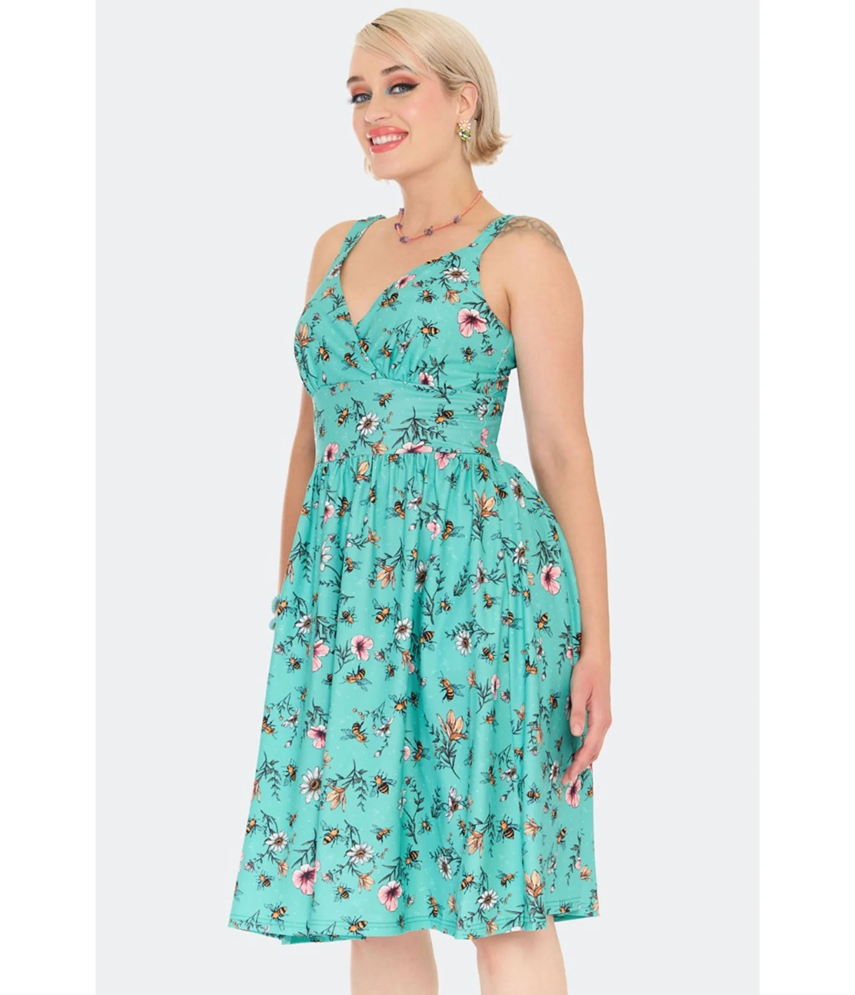 Voodoo Vixen Teal Floral & Bee Print Flare Dress - Image 3